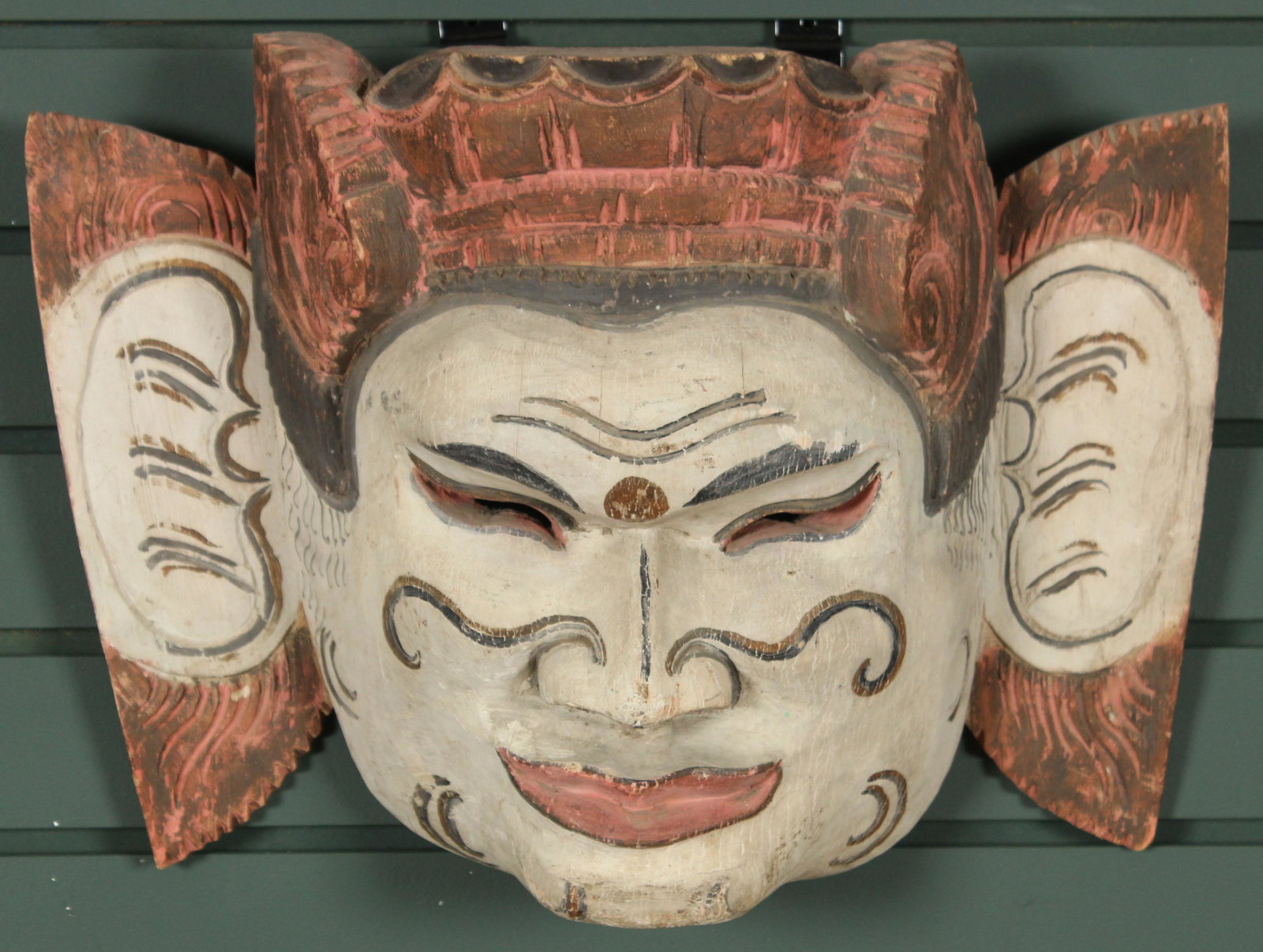 Javanese Carved Wood Painted Mask: Javanese Carved Wood Painted Mask. Size: 12.5" H x 16" W x 5" D Provenance: Production of â€œDickinson”