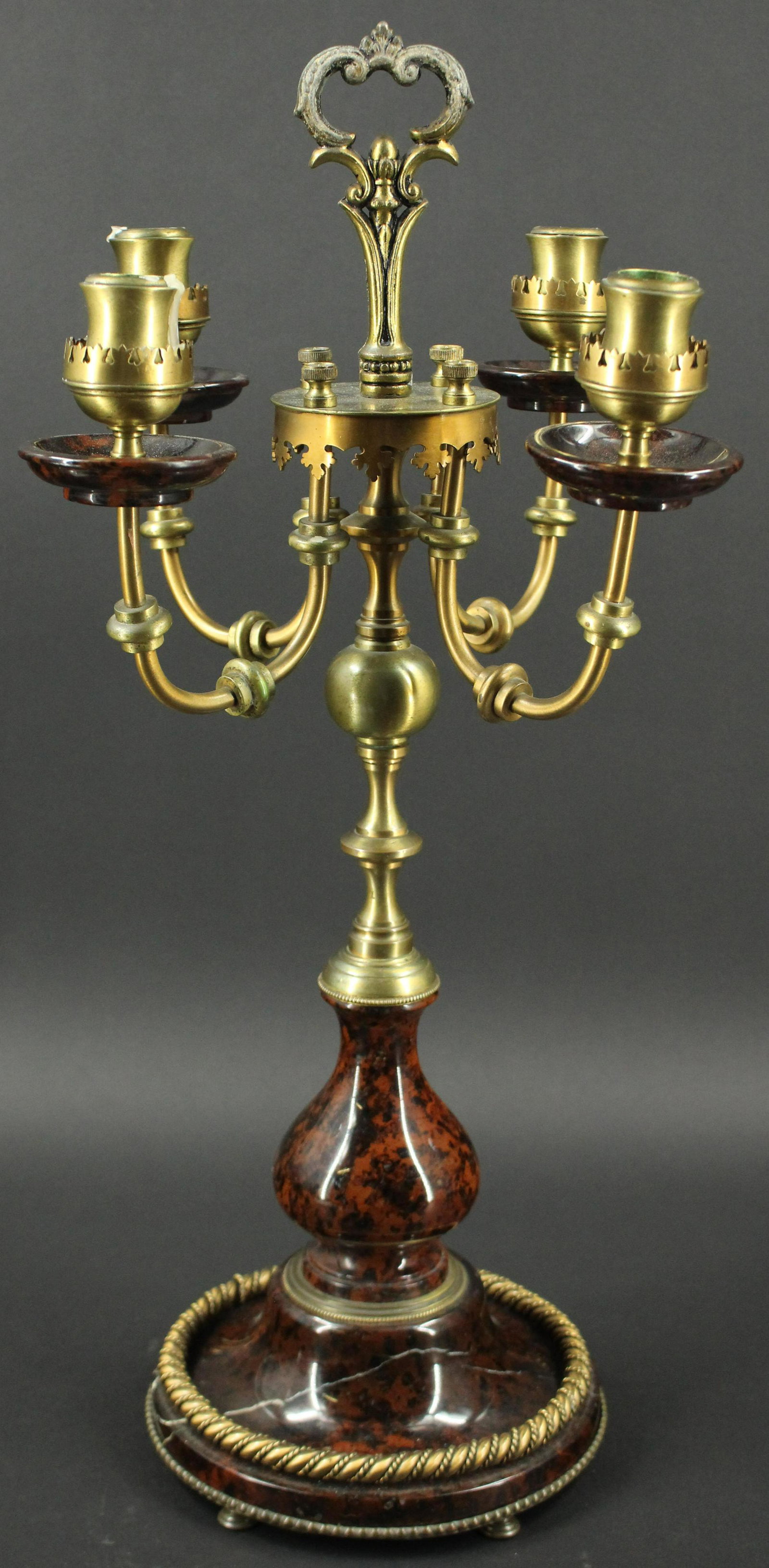 Bronze and Marble Candelabrum: Bronze and Marble Candelabrum. Size: 22" H x 9.5" W x 9.5" D Provenance: Production of â€œDickinson”
