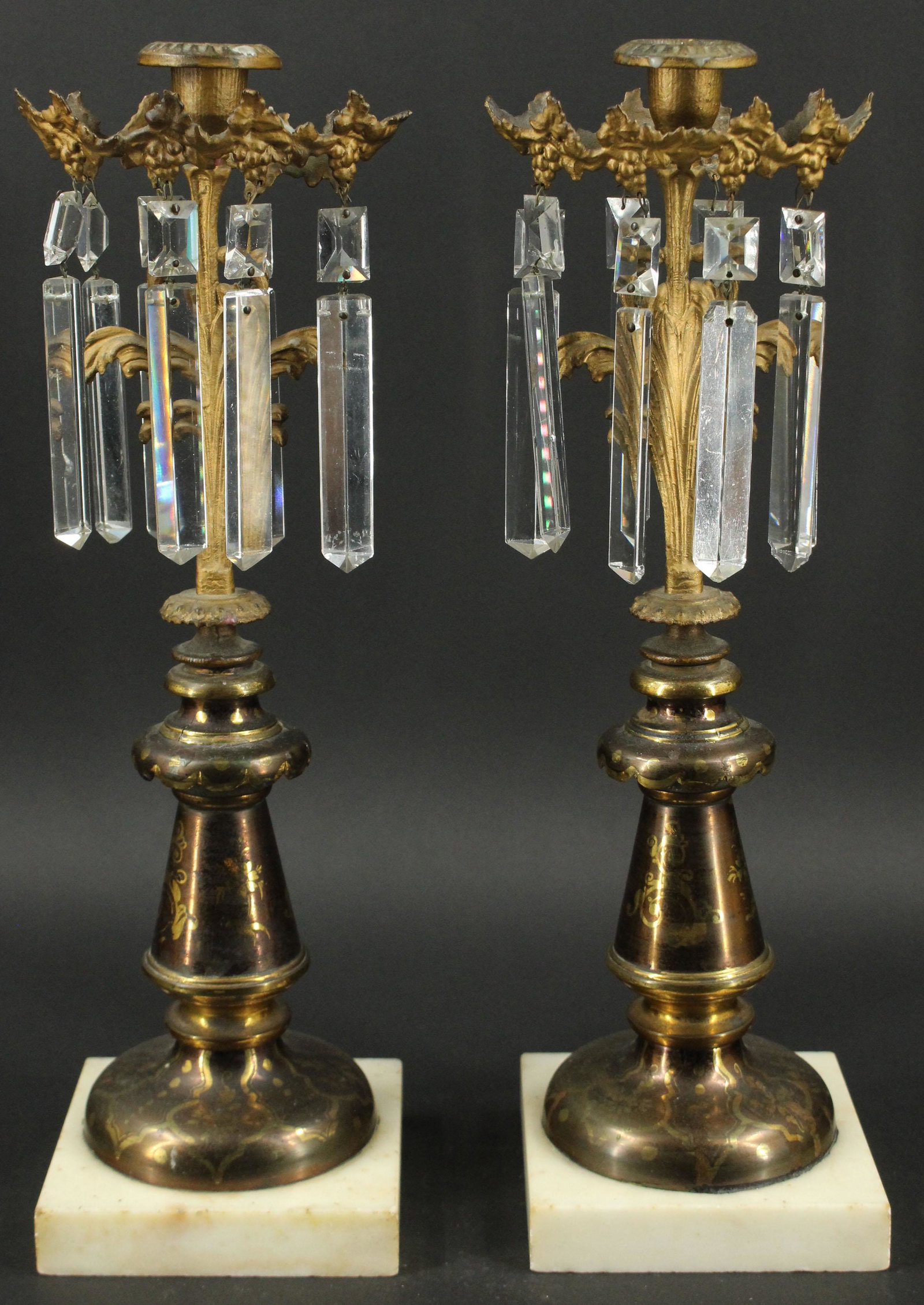 Pair Etched Bronze Lustres on Marble Bases: Pair Etched Bronze Lustres on Marble Bases. Size: 17" H x 5" W x 5" D Provenance: Production of â€œDickinson”