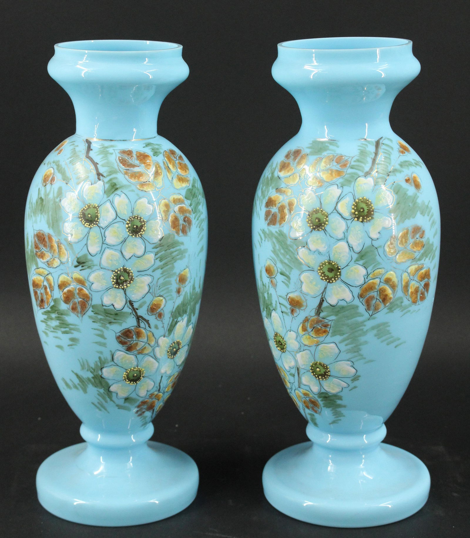 Pair Victorian Blue Flower Painted Glass Vases (1 of 6)