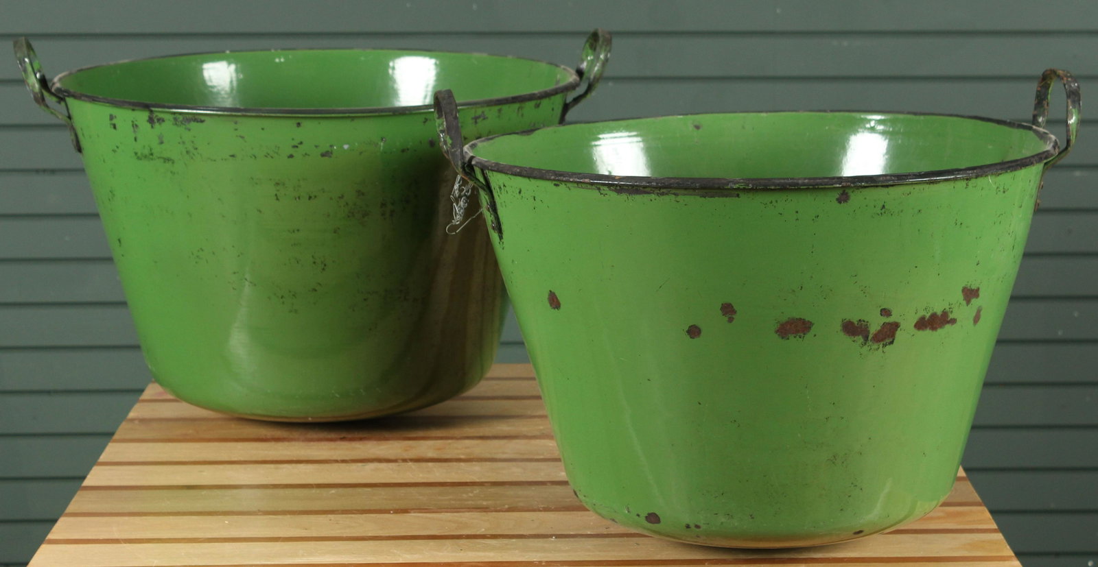 2 Rustic Porcelain Enamel Basins: 2 Rustic Porcelain Enamel Basins. Size: Largest: 17" H x 26.5" W x 23.5" D Provenance: Production of â€œDickinson”