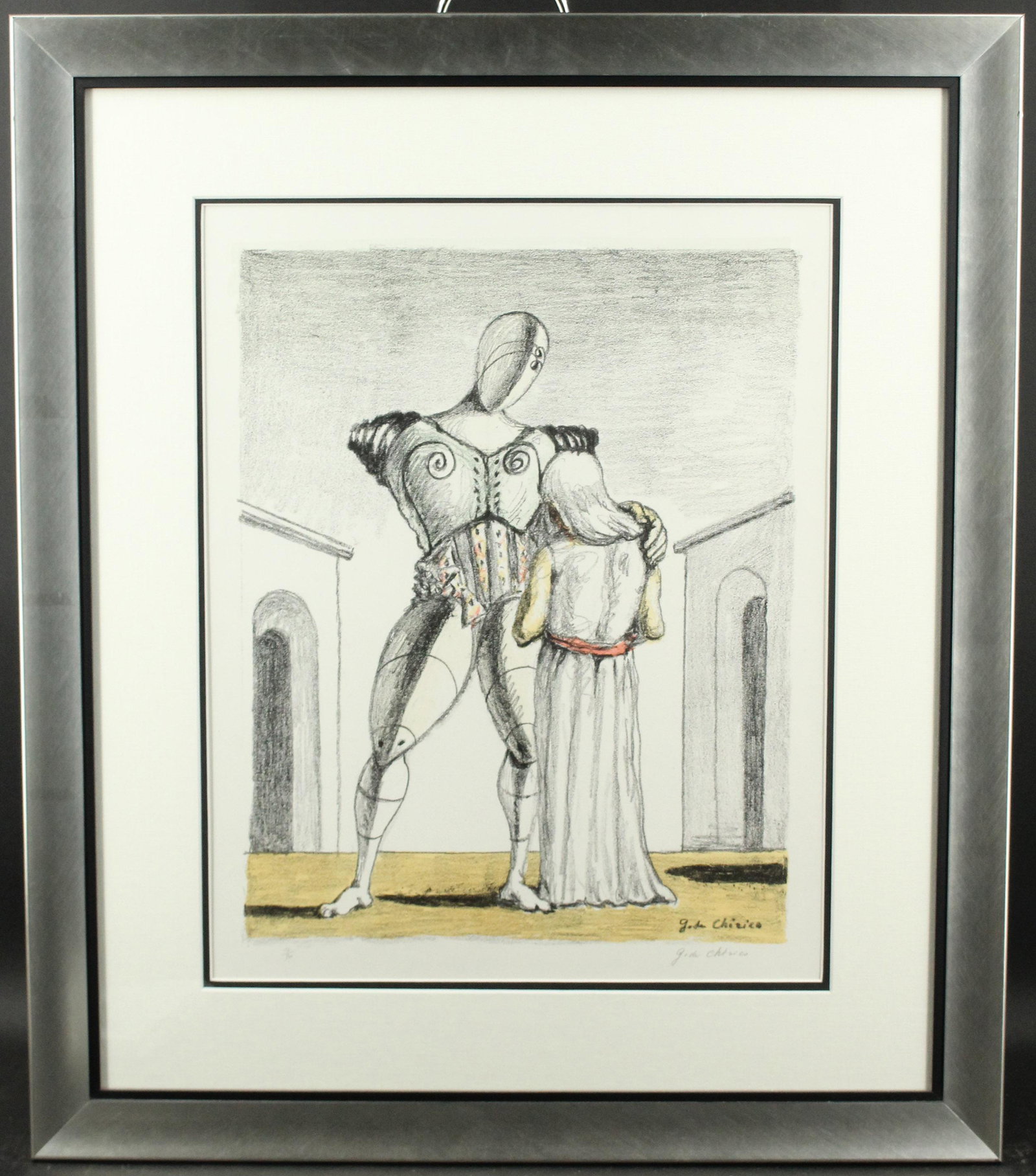 Giorgio de Chirico - Ettore & Andemoca Litho 12/90: Giorgio de Chirico (Italian, 1888-1978) - Ettore & Andemoca Litho 12/90 Pencil signed. Size: Frame: 32.5" H x 28" W x 1.25" D; Sight: 22" H x 17.5" W