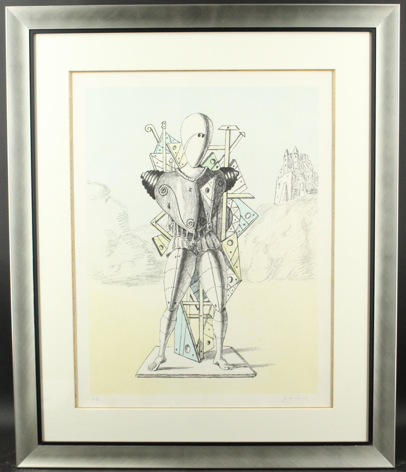 Giorgio de Chirico - Trovatore, 1972 Artist Proof: Giorgio de Chirico (Italian, 1888-1978) - Trovatore Solitario, 1972 Artist Proof. Pencil signed and embossed. Size: Frame: 35" H x 29" W x 1.25" D; Sight: 25" H x 19.5" W