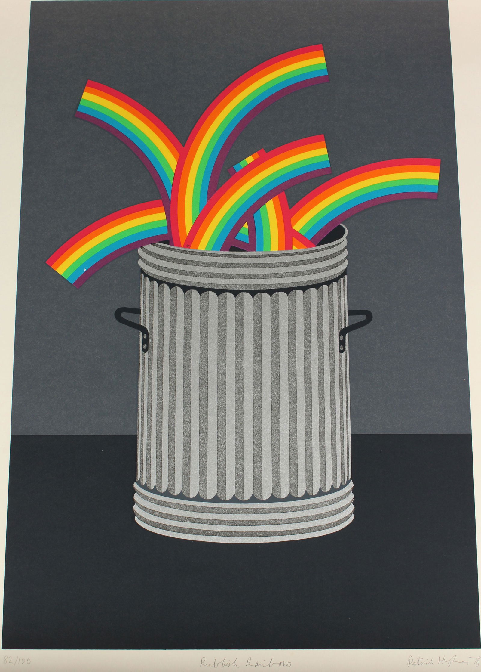 Patrick Hughes - Rubbish Rainbows 1978 Lithograph: Patrick Hughes (English, b.1939) - Rubbish Rainbows 1978 Lithograph. Pencil signed and numbered 82/100. Size: 33" H x 25.5" W
