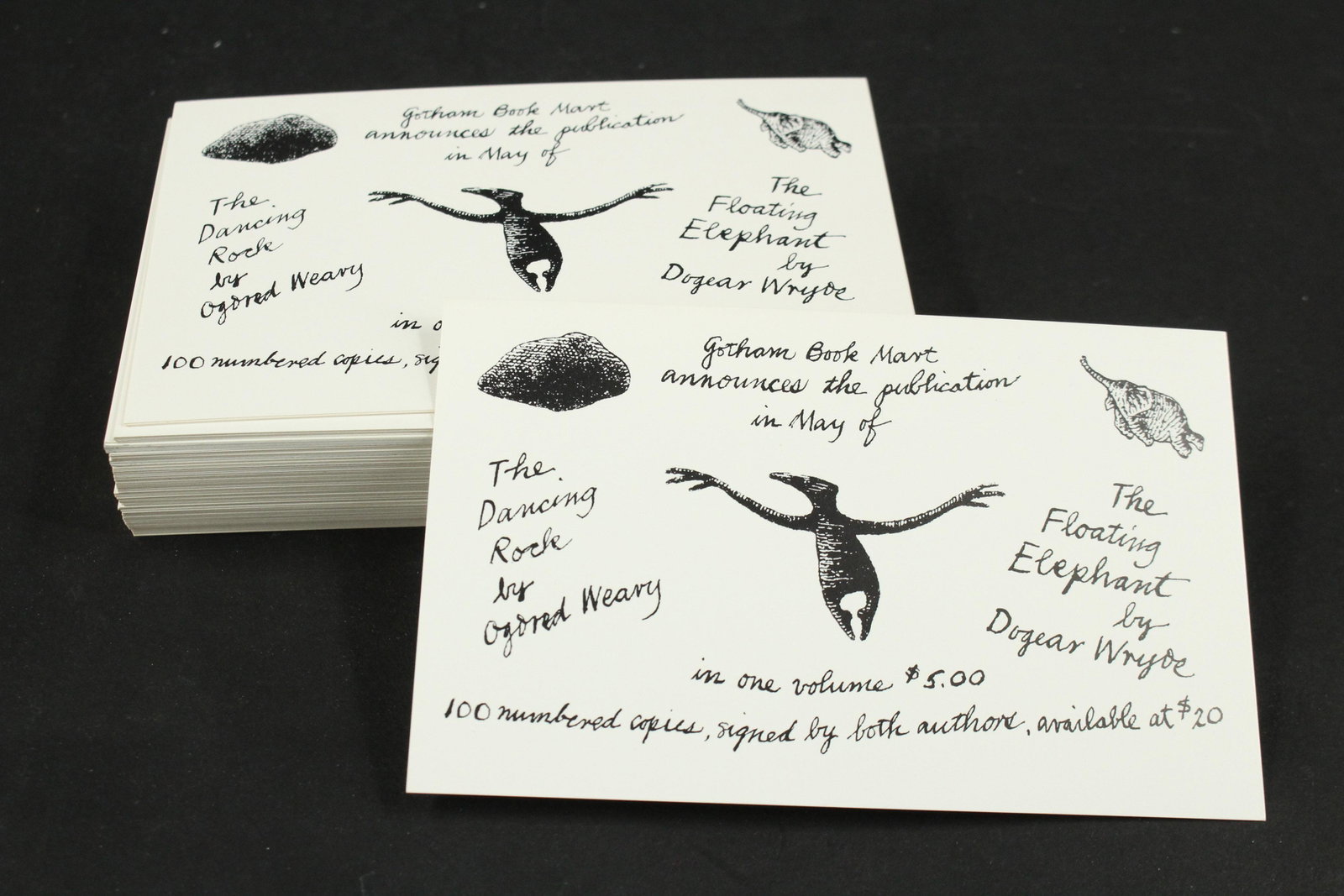 GBM, Edward Gorey, Dogear Wryde, Ogored Weary PC's: 109pcs- Gotham Book Mart postcard announcements for the Publication in May of The Dancing Rock by Ogored Weary and the Floating Elephant by Dogear Wryde in one volume $5.00. 100 numbered copies.