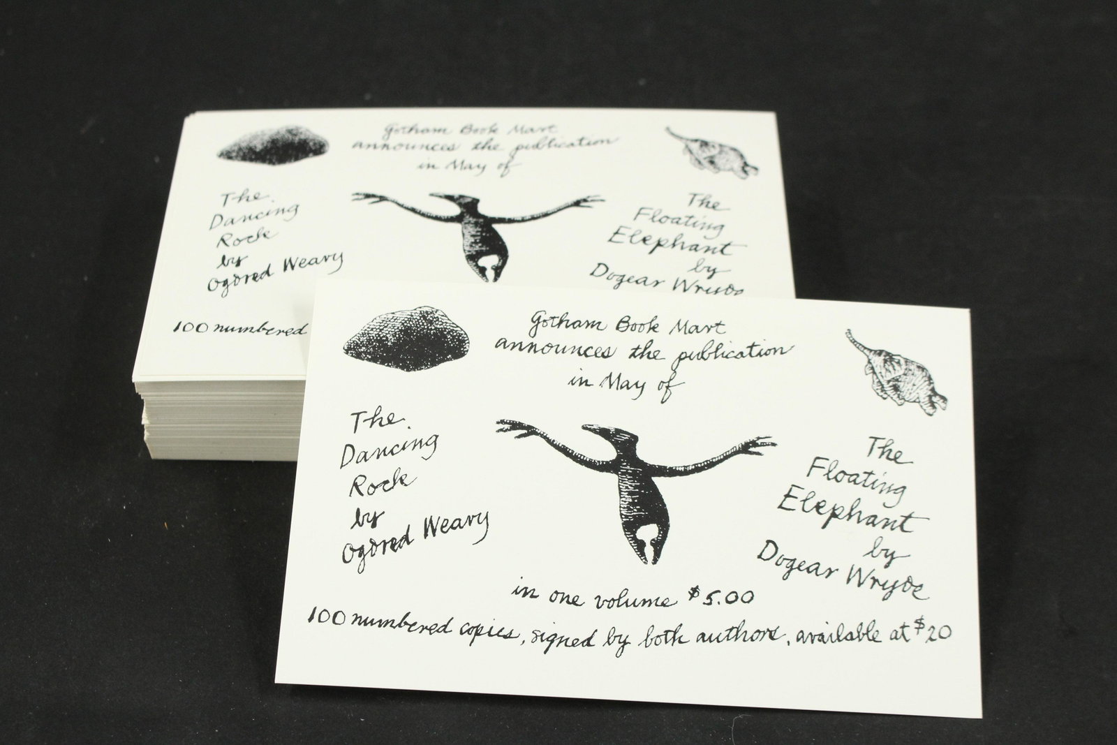 GBM, Edward Gorey, Dogear Wryde, Ogored Weary PC's: 110pcs- Postcard announcements. Gotham Book Mart announces the publication in May of The Dancing Rock by Ogored Weary and The Floating Elephant by Dogear Wryde in one volume $5.00. 100 numbered copies
