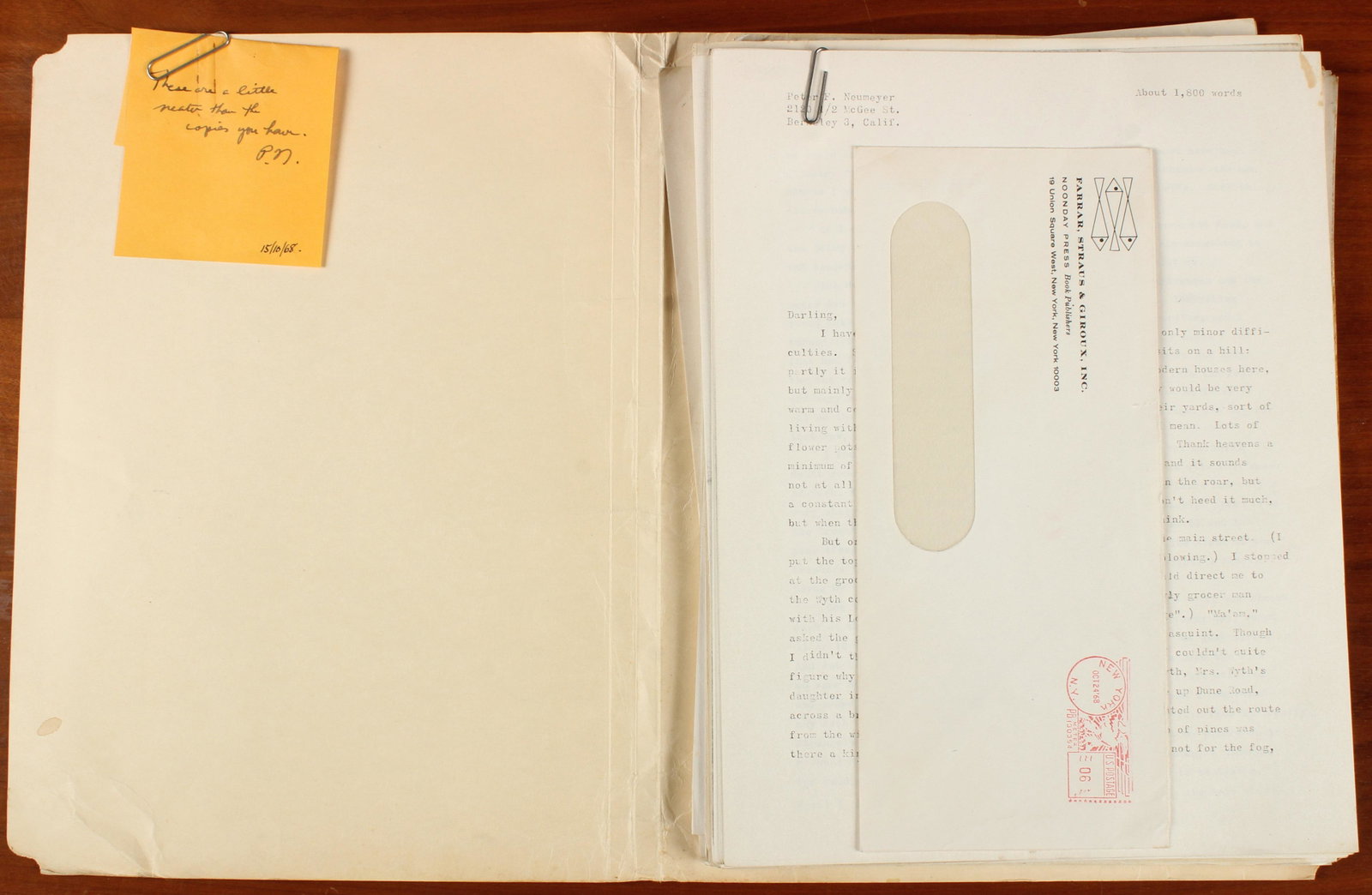 Stack of Peter Neumeyer Manuscripts to EG 1968: Stack of Peter Neumeyer Manuscripts to EG 1968. Folder containing the works of peter Neumeyer with a note attached initialed P.N. Size: 12" H x 9.5" W