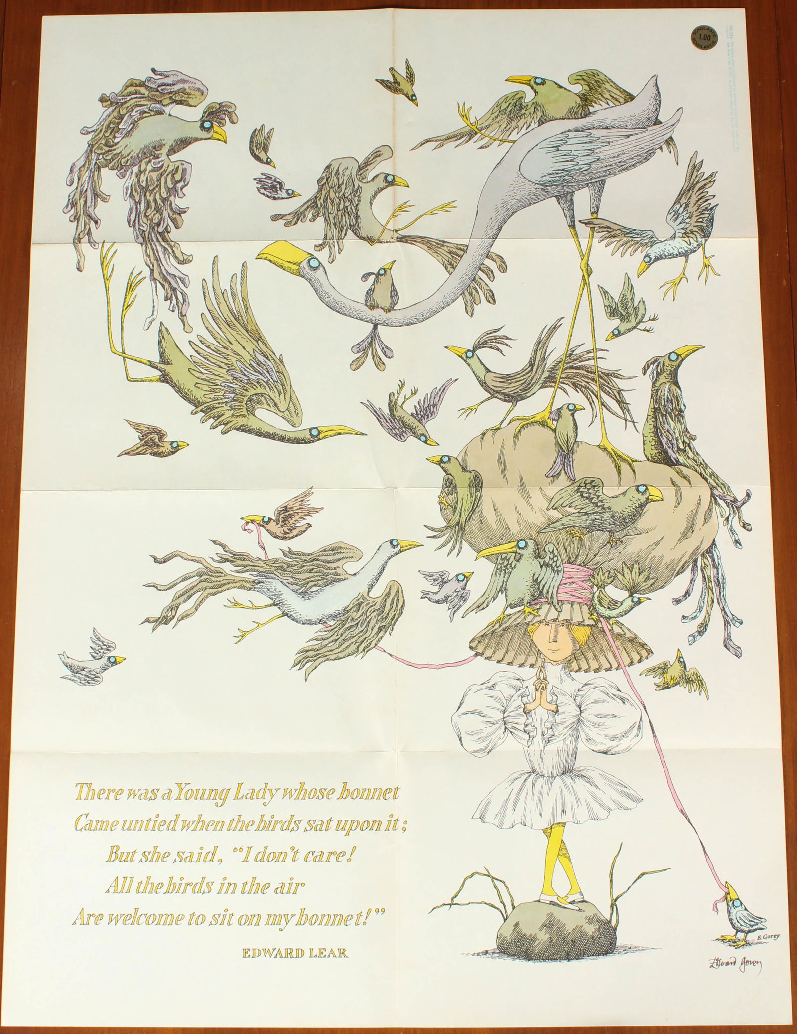 Edward Gorey Signed, Edward Lear Poster: "There was a Young Lady whose bonnet, Came untied when the birds sat upon it; But she said, "I don't care! All the birds in the air, Are welcome to sit on my bonnet!", illustrated and signed by Edward