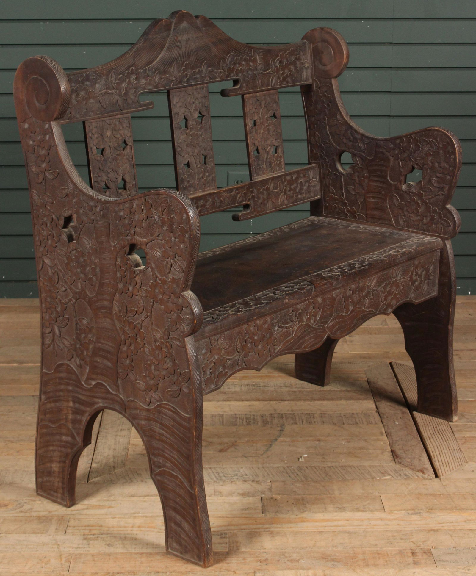 Japanese Relief Carved Wood Cherry Blossom Bench (1 of 7)