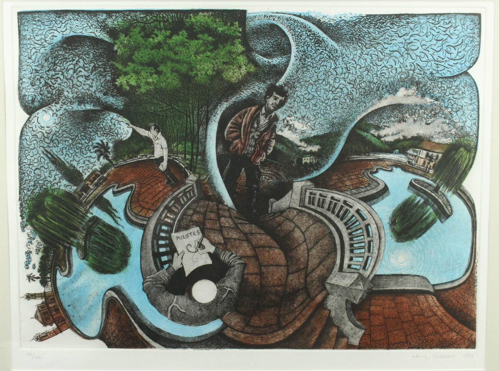 Fernando Casas - Puentes, Lithograph 36/100: Fernando Casas (Bolivian, b.1946) - Puentes, Lithograph 36/100. Size: Frame: 29" H x 35" W x 1" D; Sight: 19" H x 25" W
