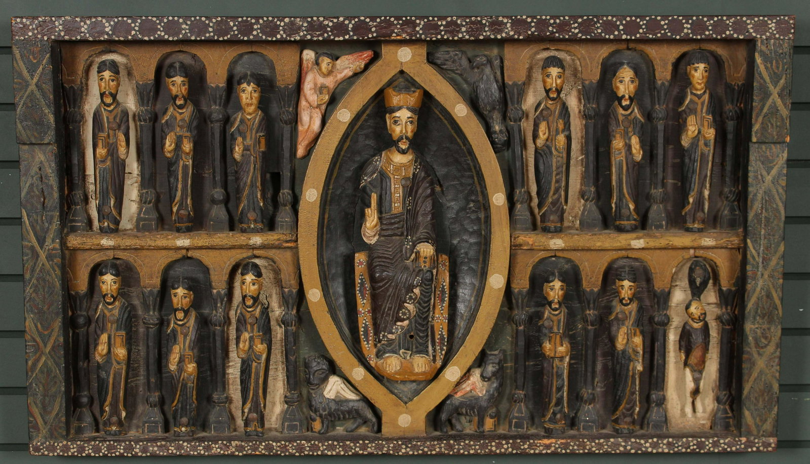 Spanish Colonial Jesus and Disciples Plaque: Spanish Colonial Jesus and Disciples Plaque. Size: 22.5" H x 39" W x 4" D