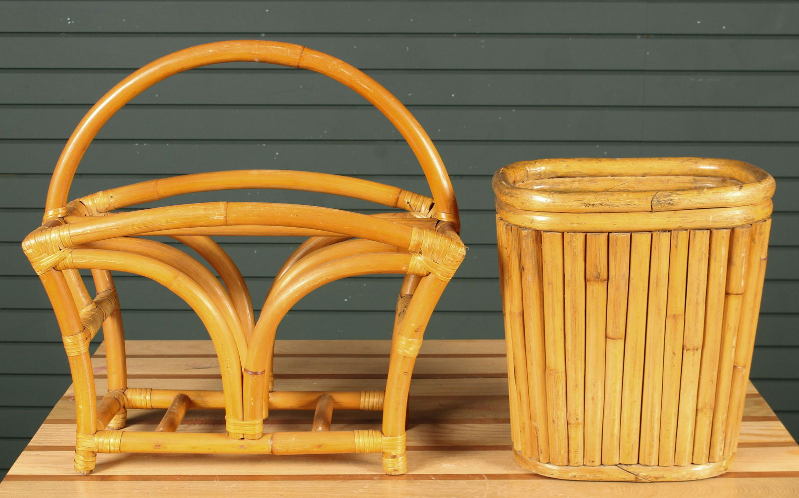 Vintage 1940s Rattan Magazine Rack and Waste Bin (1 of 5)