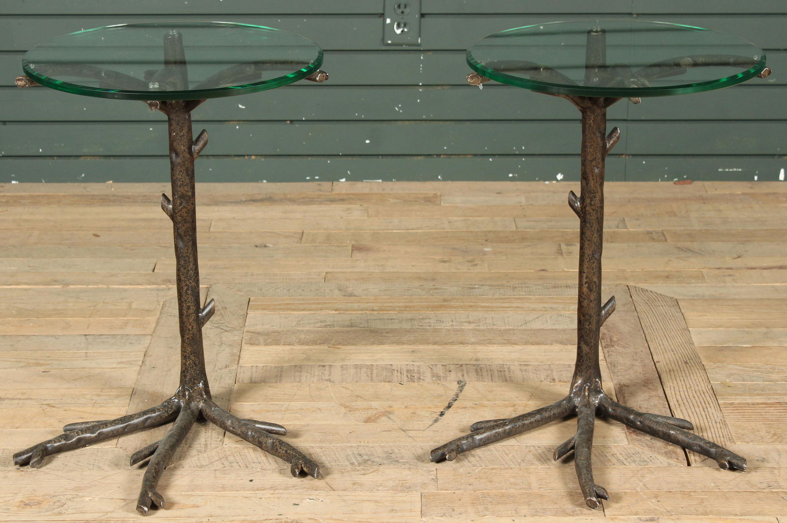 Pair Metal Giacometti Inspired Faux Bois Tables (1 of 7)