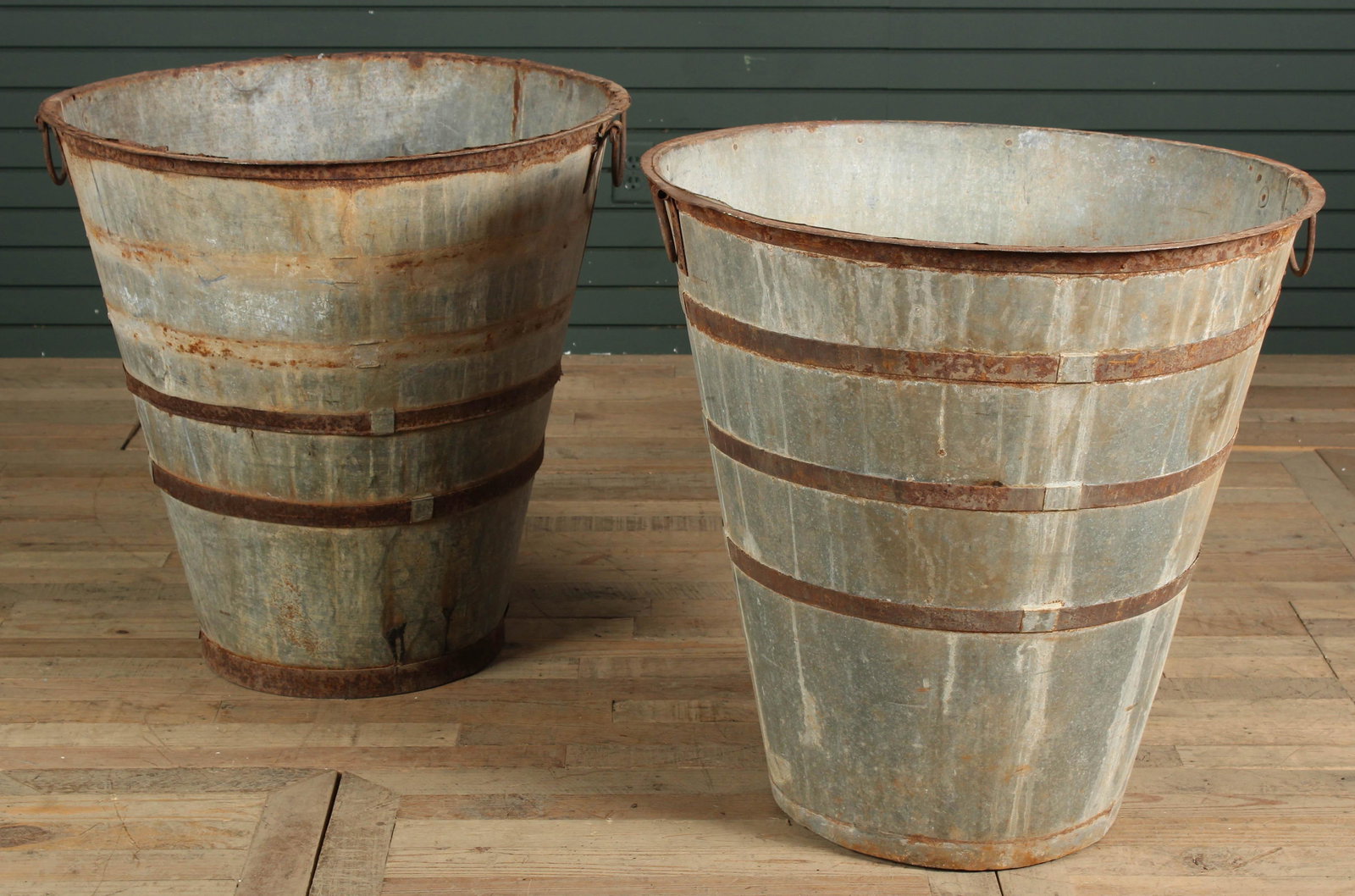 Pair Vintage Zinc Harvest Hods: A large pair of zinc harvest hods or planters. Size: 29" H x 29.5" W x 29.5" D