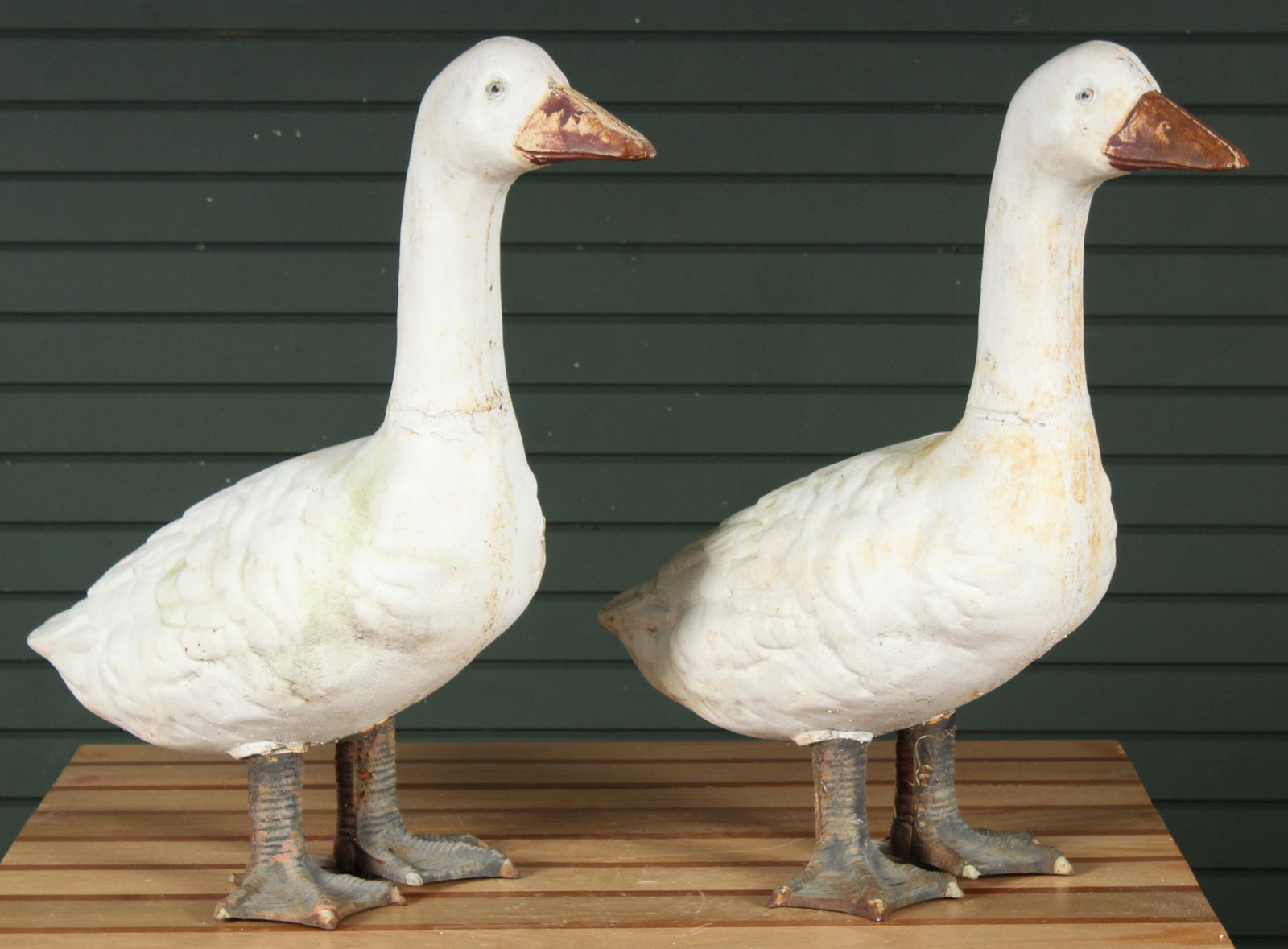 Pair Painted Cast Iron Geese: Pair Painted Cast Iron Geese. Size: 25.5" H x 10" W x 23.5" D