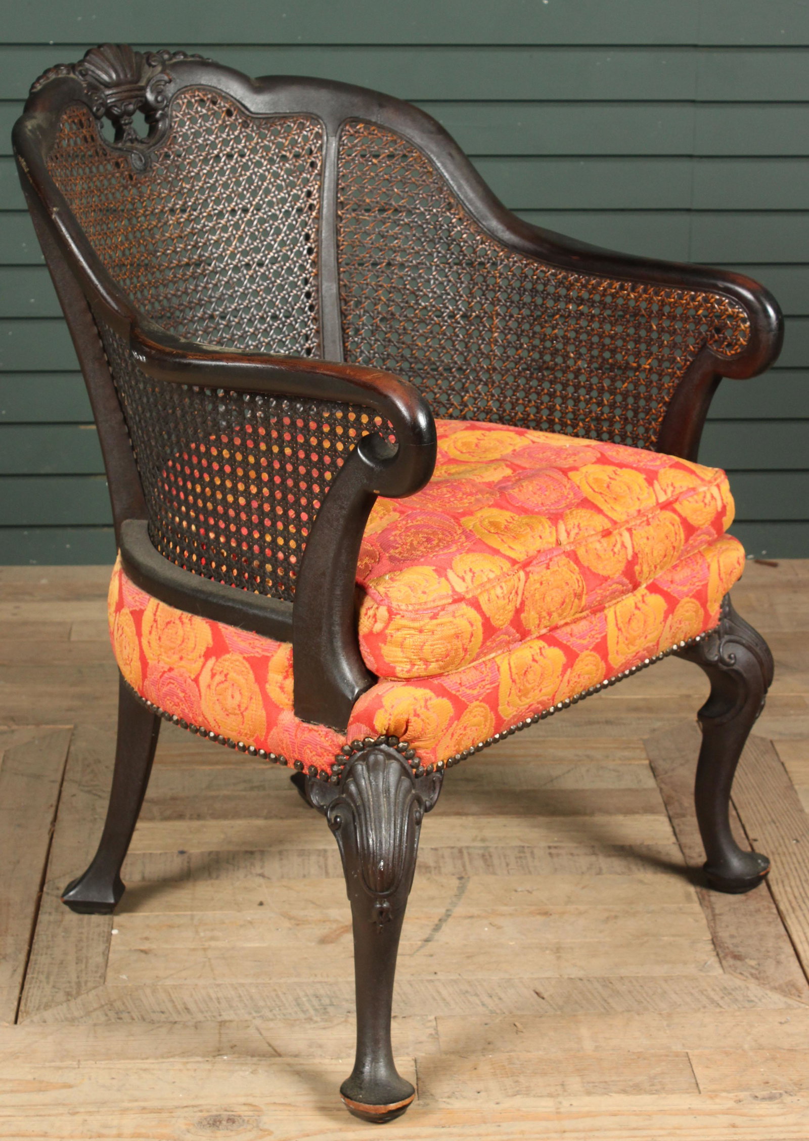 Queen Anne Style Caned and Upholstered Club Chair: Queen Anne Style Caned and Upholstered Club Chair. Size: 33.5" H x 25" W x 25" D