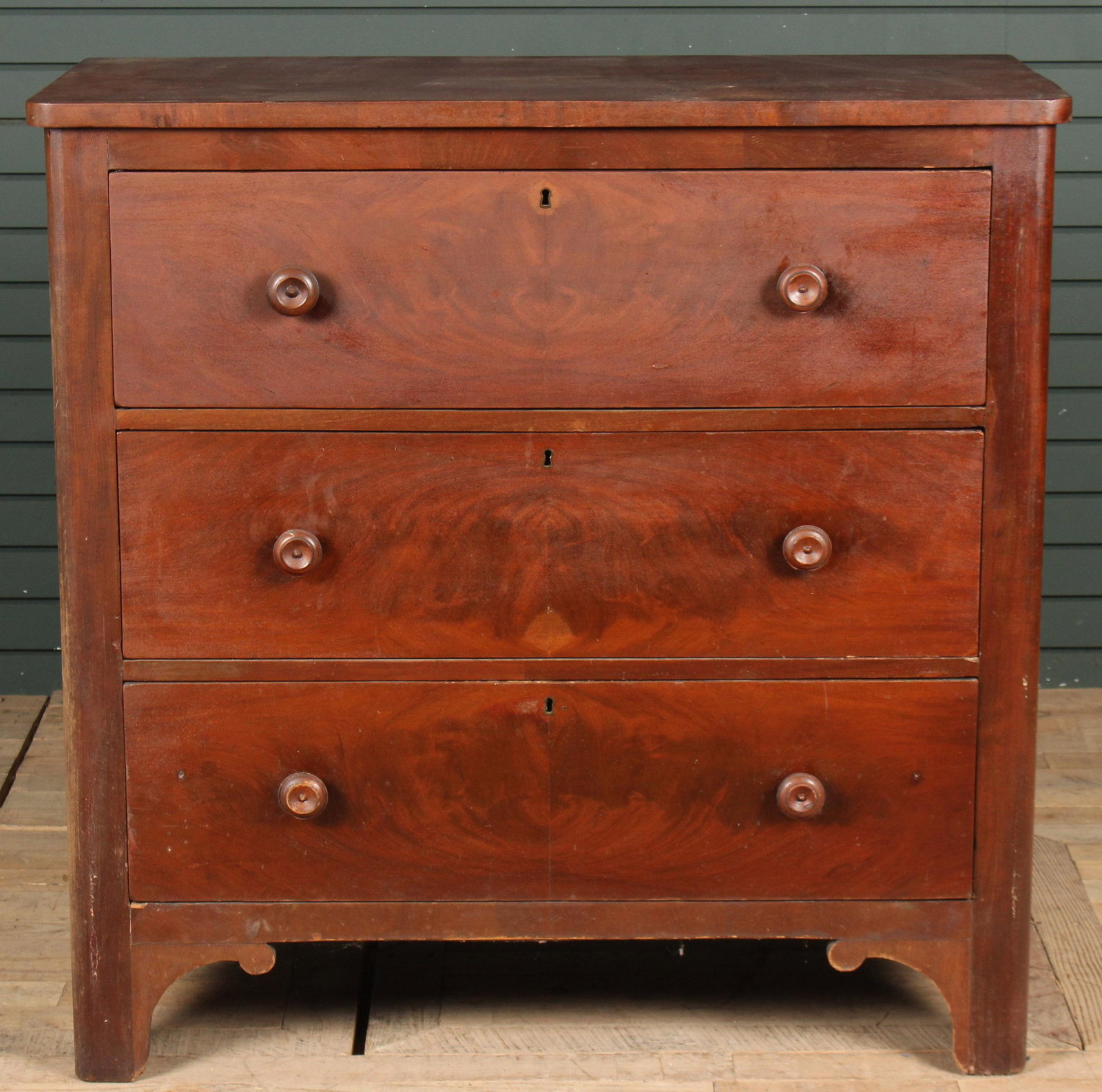 Antique Cottage Chest of Drawers: An antique cottage chest having three drawers and bracket feet. Size: 40" H x 40.5" W x 19" D