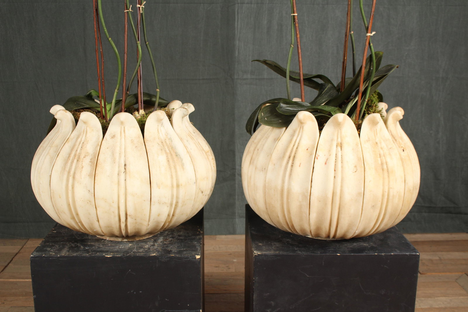 Pair Lotus Form Carved Marble Planters (1 of 7)