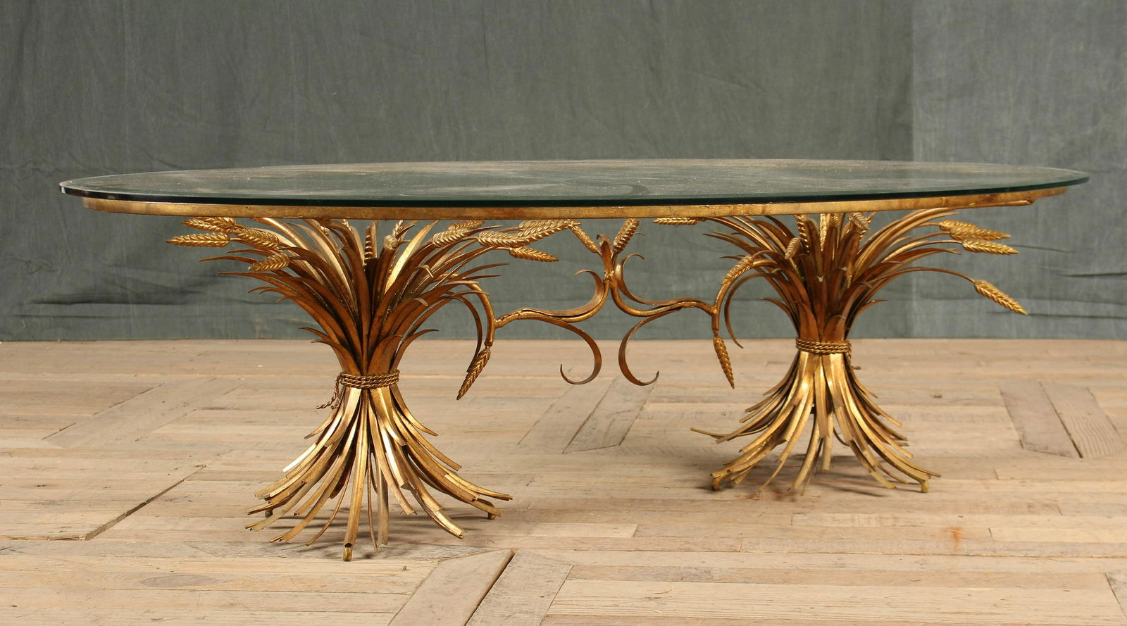 Vintage Brass Lion Glass Oval Low Table