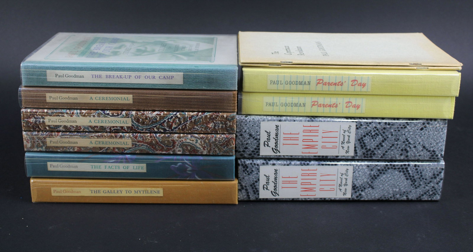 Ten Works by Paul Goodman on Black Sparrow Press: The Galley to Mytilene Stories 1949-1960 Volume IV of the Collected Stories 20/200 bound by Earle Gray; The Facts of Life Stories 1940-1949 Stories Volume III of the Collected Stories 100/200 bound by