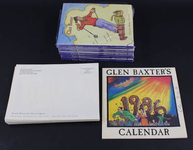 Glen Baxter's Collected Works Vol 2 New: Five "The Unhinged World of Glen Baxter Collected Works Volume 2" new in shrink wrap. And One copy of Glen Baxter's 1986 Calendar signed on the front. And 35 posters (22x16") advertising The 