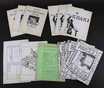 14 Staple Bound Indie Poetry & Art Books: 14 staple bound Indie poetry & art books, many signed by Glen Baxter. Strange Faeces No Nine, 1972, limited to 200, tanned with age, not signed, Aram Saroyan, Glen Baxter; 3 copies of "The Khaki" by G