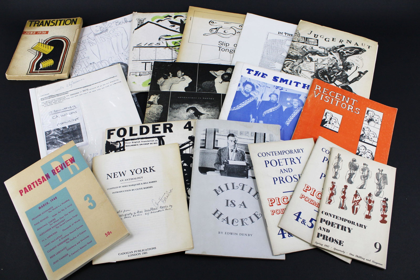 17 Poetry Zines, Journals, 1 signed: 17 Poetry Zines, Journals, 1 signed. New York an Anthology signed by Amiri Baraka; Folder 4 1956; Miltie is a Hackie by Edwin Denby; Partisan Review March 1948 , Delmore Schwartz, Paul Bowles, JP Sart