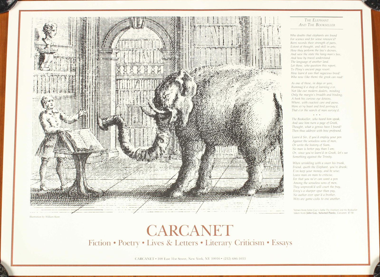 Carcanet, Elephant and Bookseller Advertisement: Carcanet Press, Elephant and Bookseller Advertisement. Verse from John Gay, Illustration by William Kent Size: 18" H x 24" W