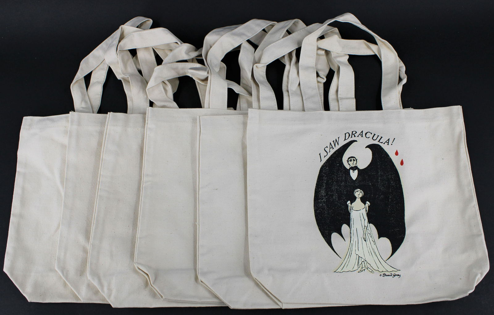 6 NOS Edward Gorey I Saw Dracula Souvenir Totes: 6 NOS Edward Gorey I Saw Dracula Souvenir Totes. Size: 14" H x 6"W