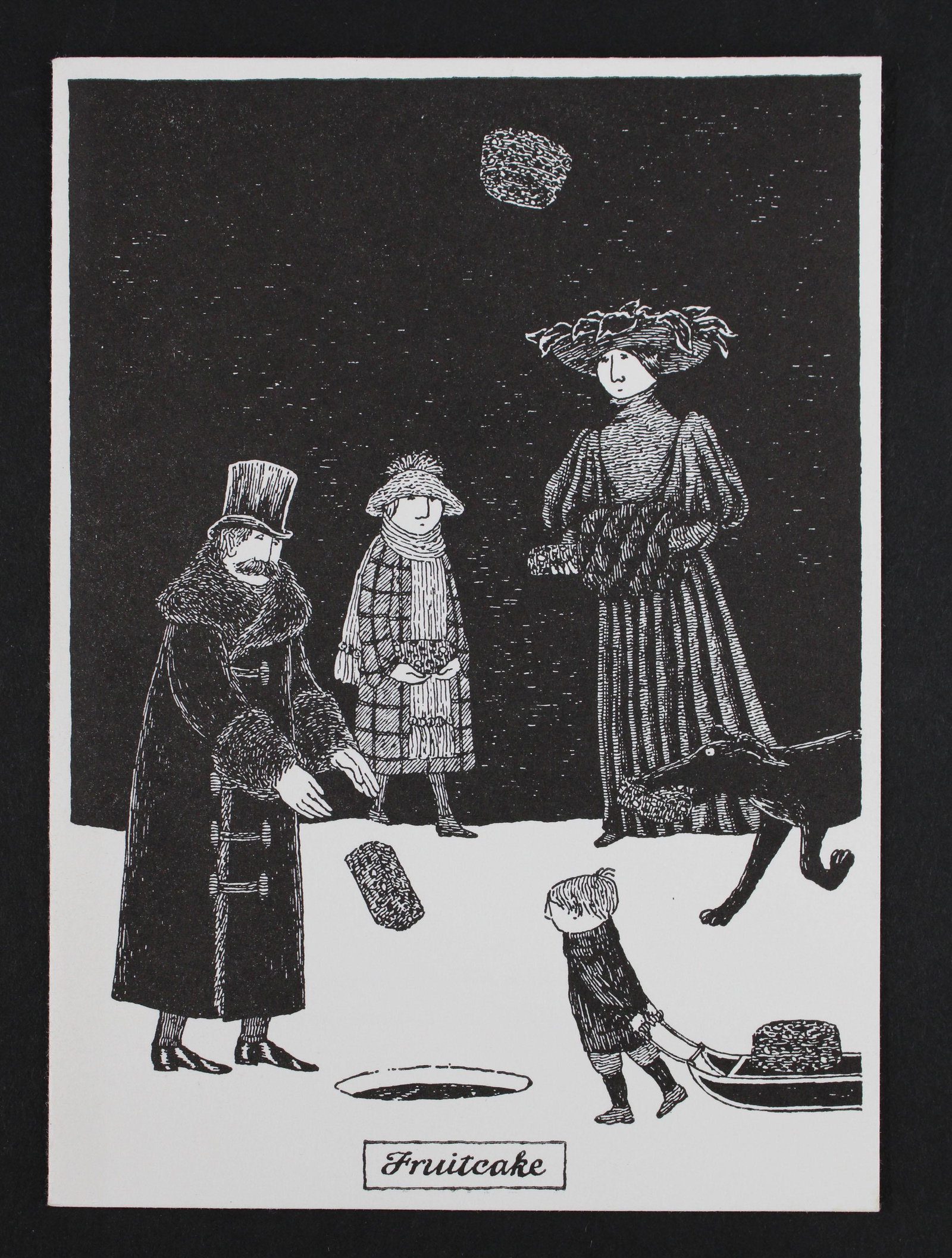 1990 Albondocani Press Edward Gorey Christmas Card: 1990 Albondocani Press Edward Gorey Christmas Card. Of an edition of 450 for use by the artist and publisher. Nine were for sale. Signed by Edward Gorey. Size: 5" x 7"