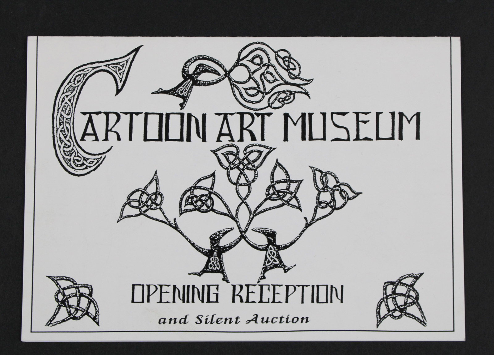 1996 Cartoon Art Museum Opening Reception Invite: 1996 Cartoon Art Museum Opening Reception Invite. Announcing a silent auction and Fall 1996 Exhibitions including "Gorey World: The Art of Edward Gorey." Size: 4.25" x 6.25"