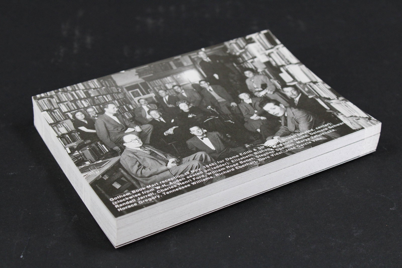 1998 GBM Postcard, 1948 Reception of Poets: 1998 GBM Postcard, 1948 Reception of Poets. 40+ pieces featuring the photograph at Gotham Book Mart of renowned writers, playwirghts, and poets of the time. Includes a stamp box illustraion by Edward 