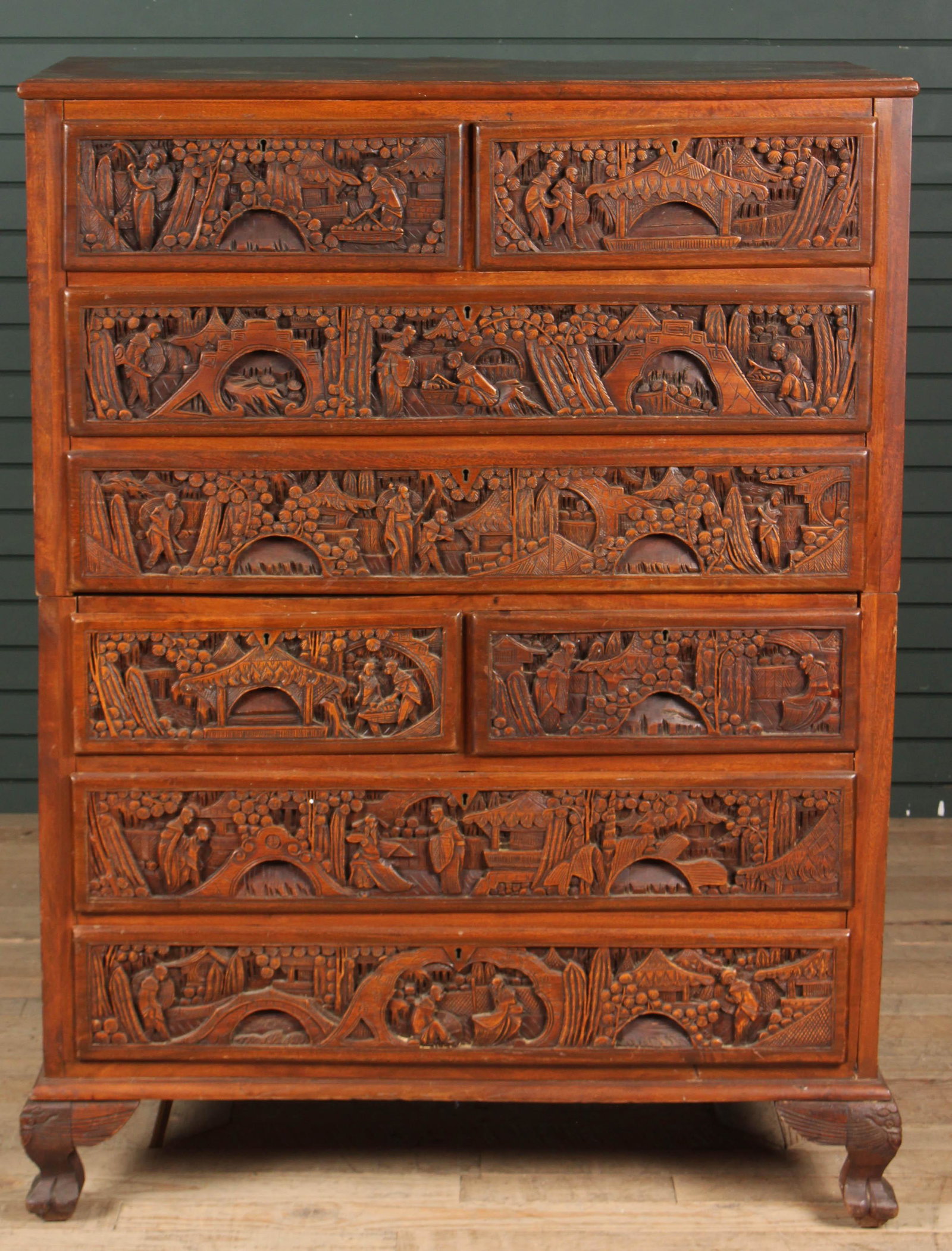 Marked The Chinese Camphorwood Trunk Company: Chinese export chest on chest. Marked The Chinese Camphorwood Trunk Company. Size: 51.5" H x 39.5" W x 20" D