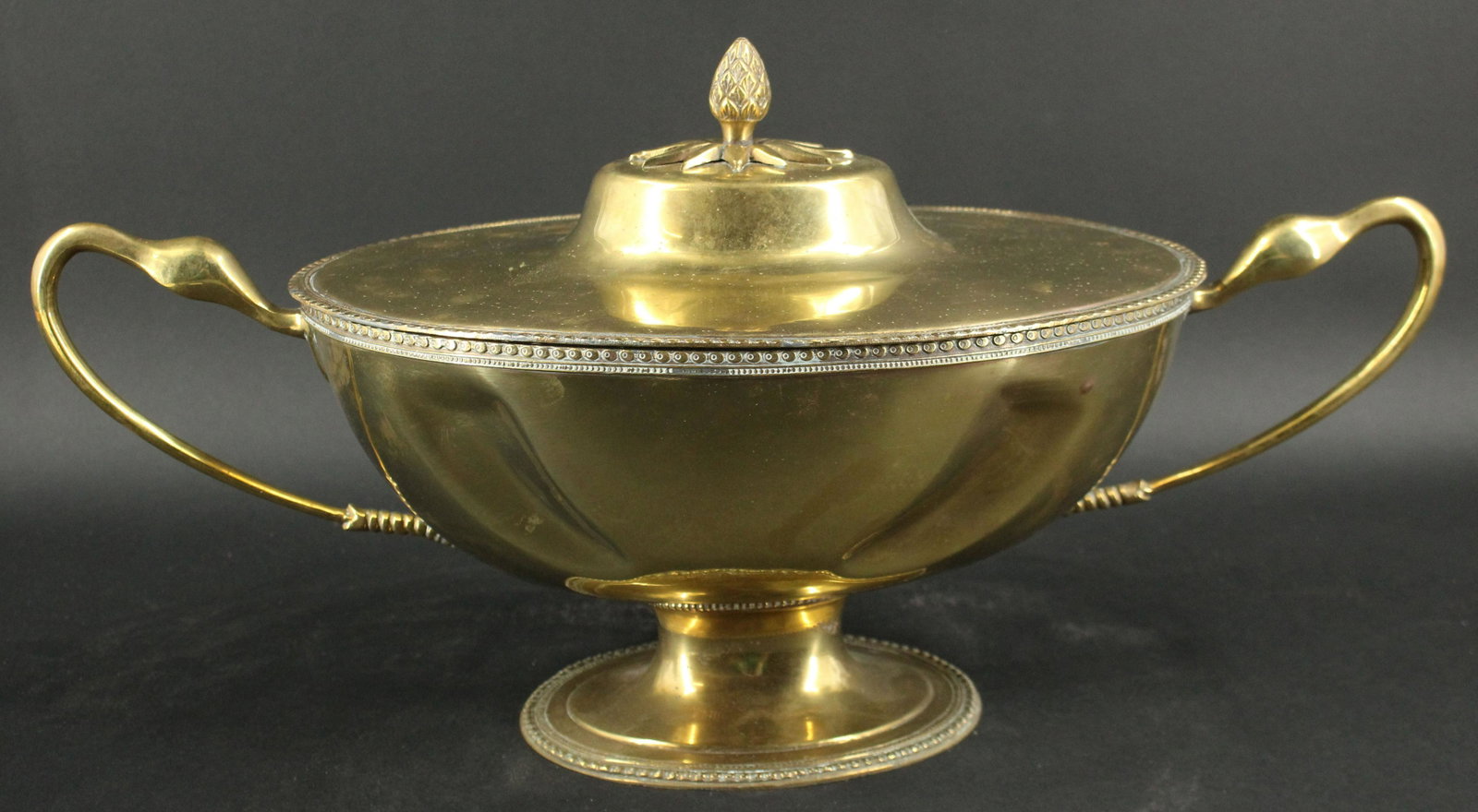 Brass and Silver Plate Tureen: Brass and Silver Plate Tureen. Size: 10.5" H x 21" W x 9" D