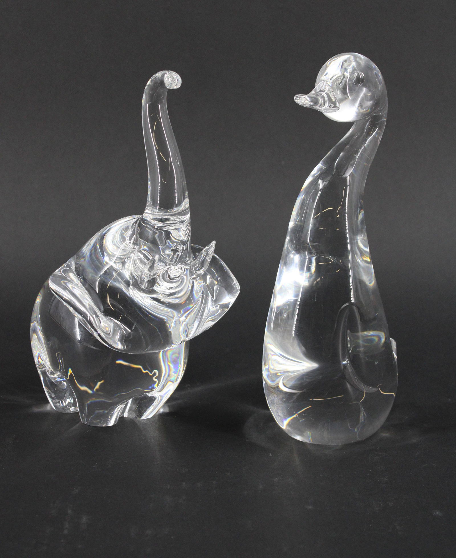 Figural Elephant and Swan, Steuben: Figural Elephant and Swan Steuben. Size: 8"H x 4.5"W x 4"D