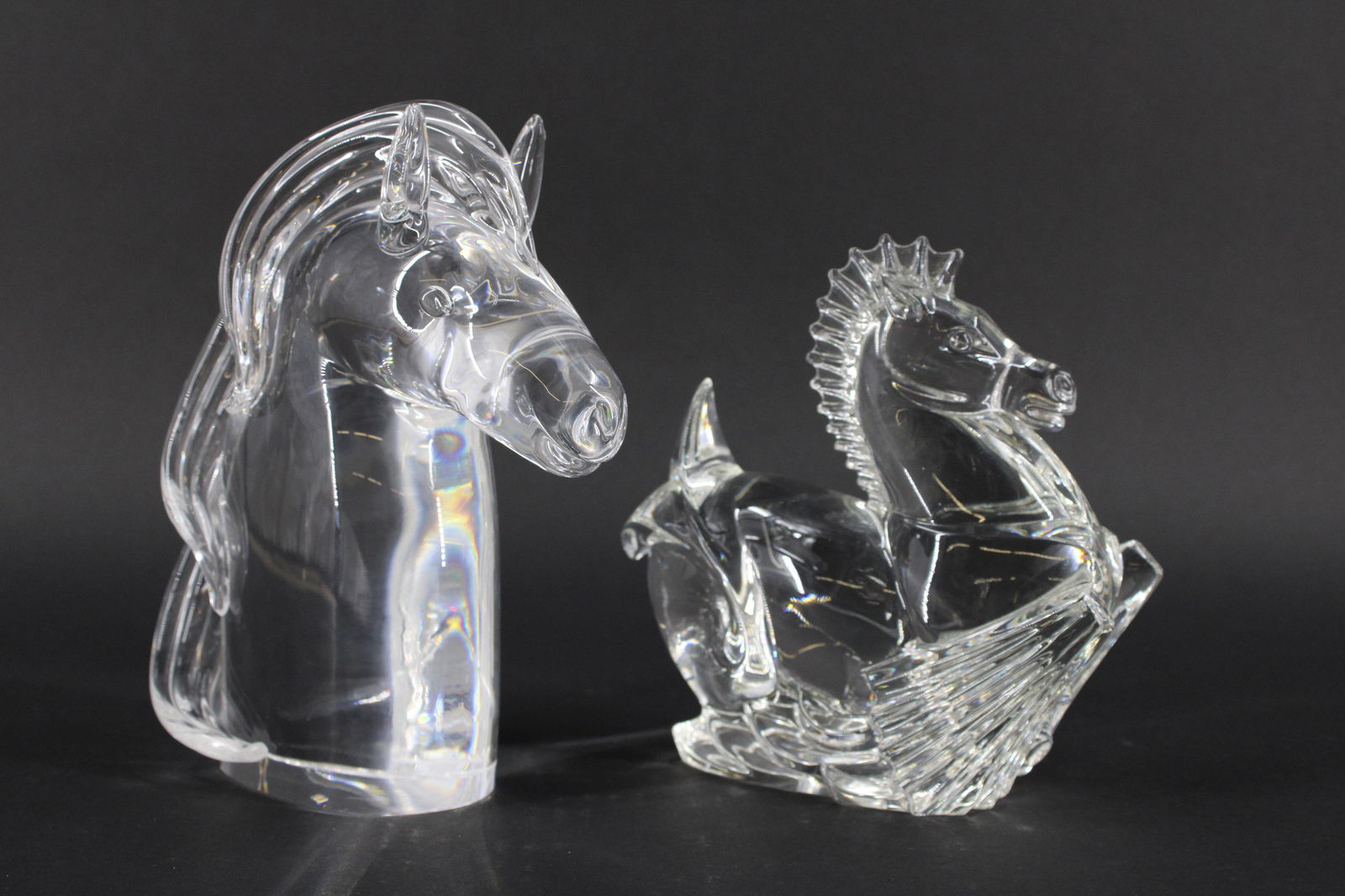 Steuben Figural Horse and Sea Horse: Steuben Figural Horse and Sea Horse. Size: 8"H x 7"W x 3.25"D Repair to mane.