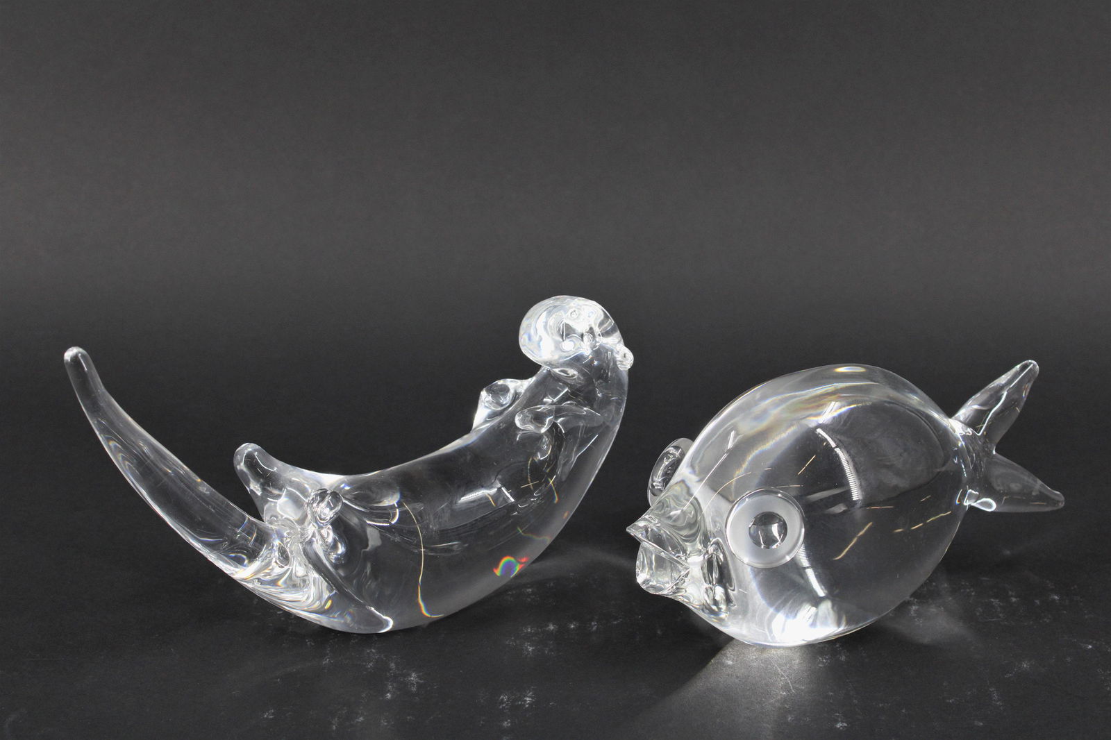 Figural Steuben Fish and Otter Bibelots: Figural Steuben Fish and Otter Bibelots. Size: 4.5"H x 8"W x 3"D