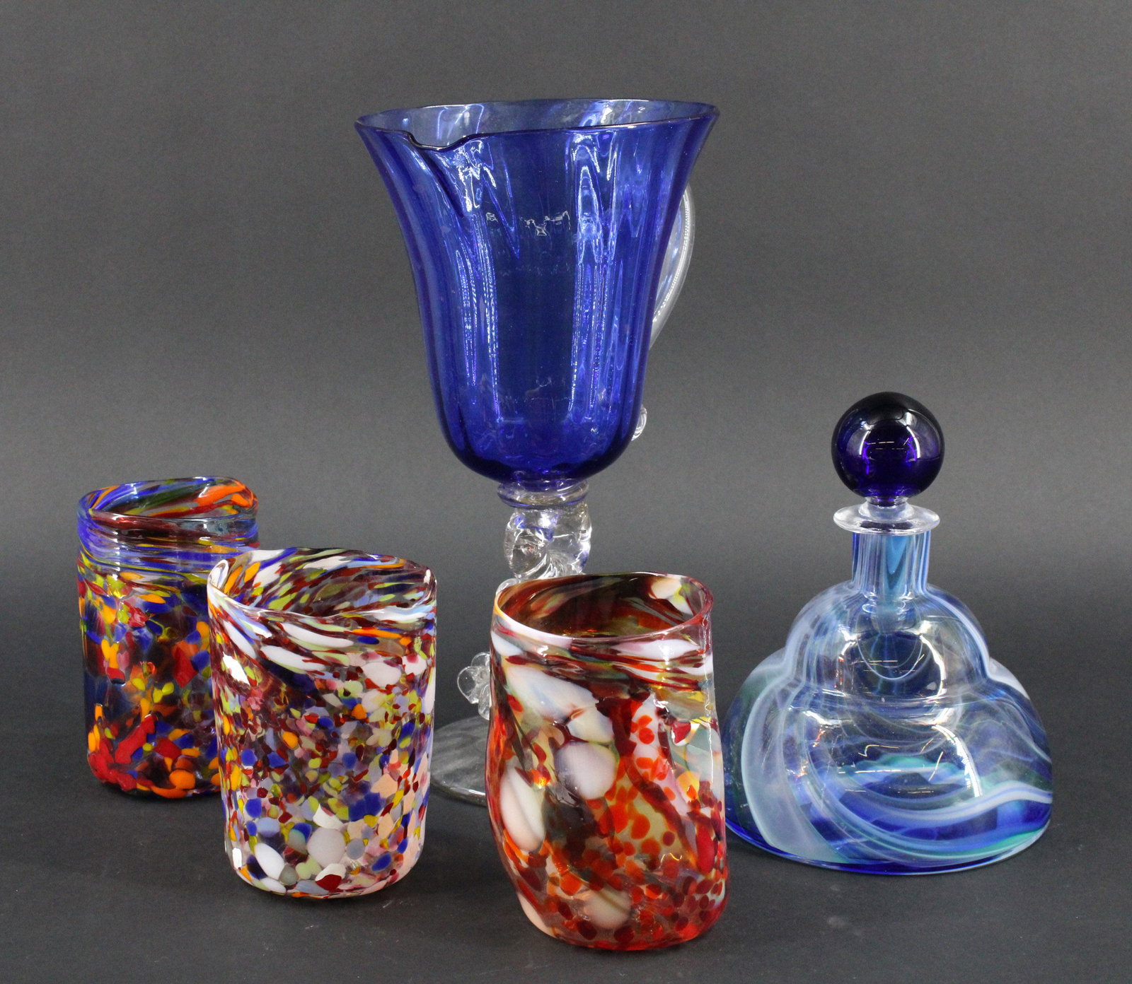 Group of Blown Glass Drinkware: Group of blown glass and a pitcher. Some signed. Size: pitcher 12"h x 6"w