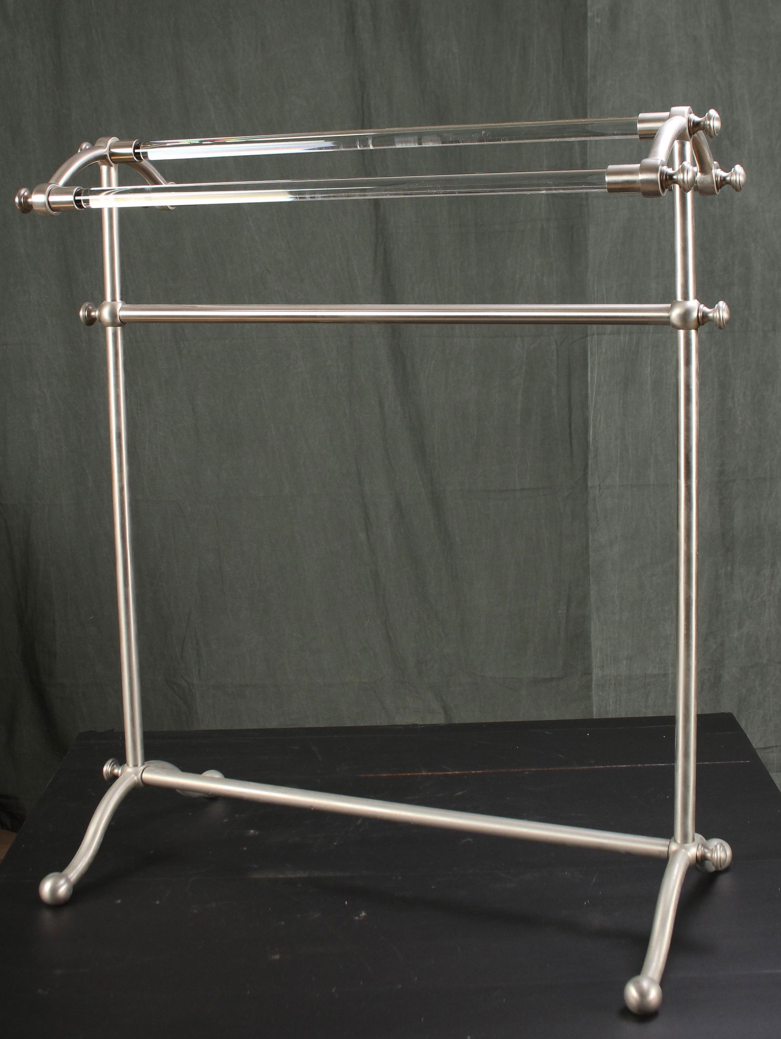 Brushed Nickel Finish and Lucite Towel Bar: Brushed Nickel Finish and Lucite Towel Bar. Size: 32" x 27.5" x 14" at base.