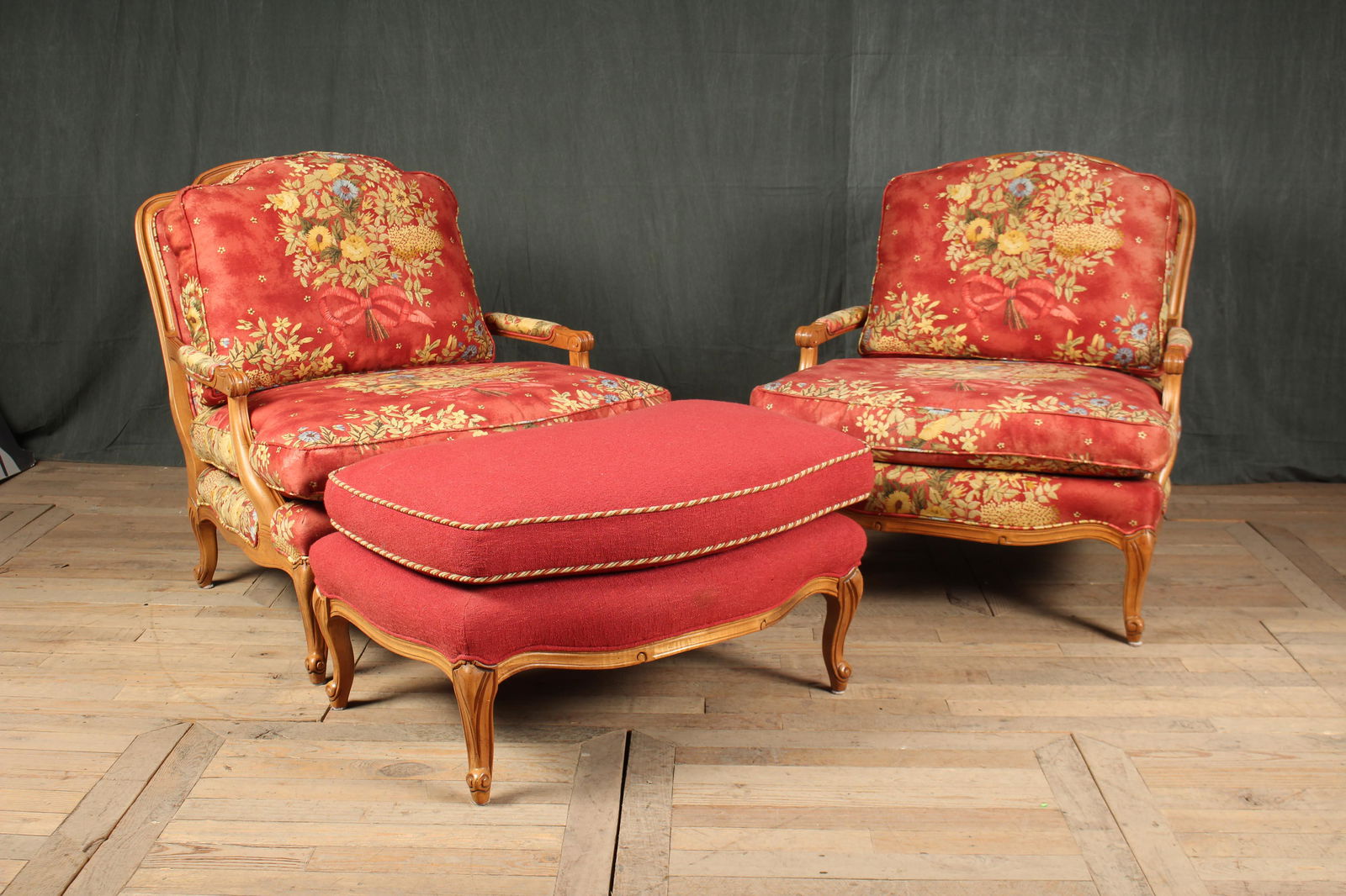 Pair Louis XV Style Chairs with Ottoman (1 of 9)
