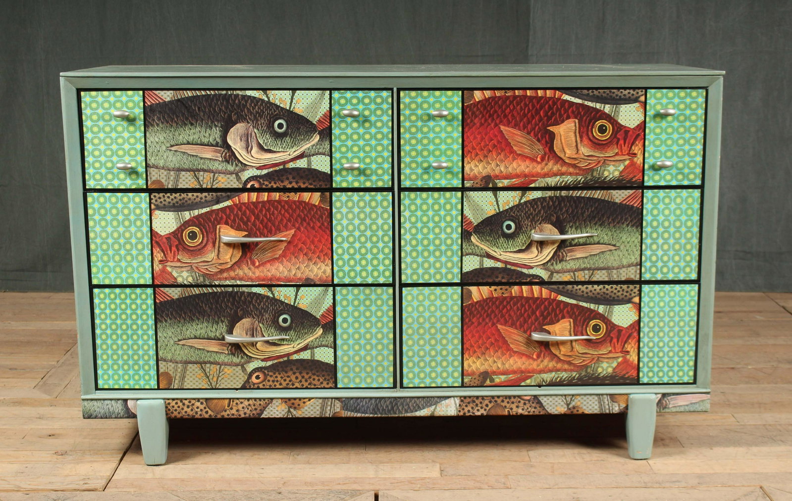 Upcycled Decoupage Fish Theme Dresser: Upcycled Decoupage Fish Theme Dresser. Size: 32"H x 52"W x 19"D