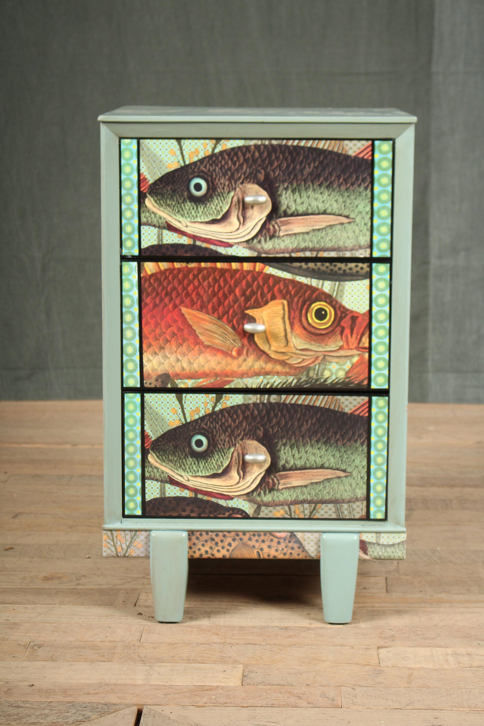 Upcycled Decoupage Fish Theme Stand: Upcycled Decoupage Fish Theme Stand. Size: 30"H x 18"W x 15"D