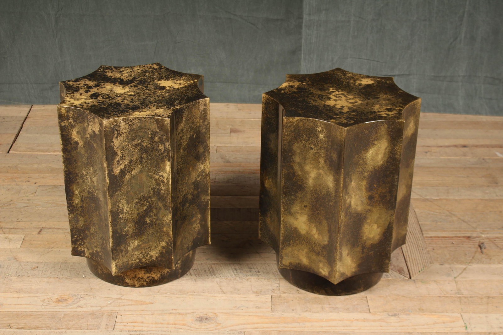 Pair Fluted Metal Drinks Tables: Pair of Stylish Metal End Tables with fluted sides and interesting mottled finished. Size: 20"H x 16"W Across points