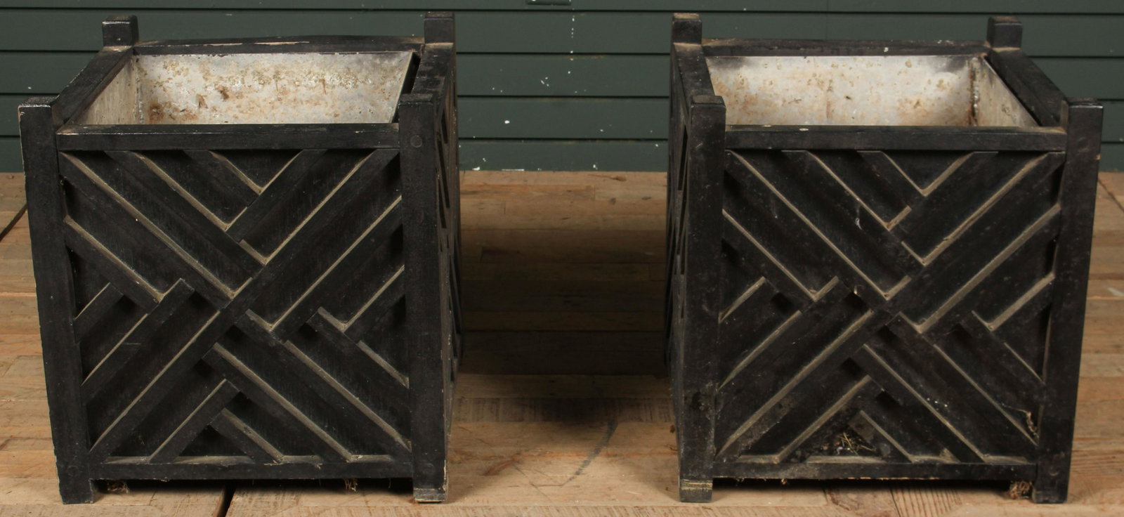 Pair Chinese Chippendale Style Wood Planters: A pair of Chinese Chippendale style wood planters with metal inset. Size: 18.5" H x 17.5" W x 17.5" D