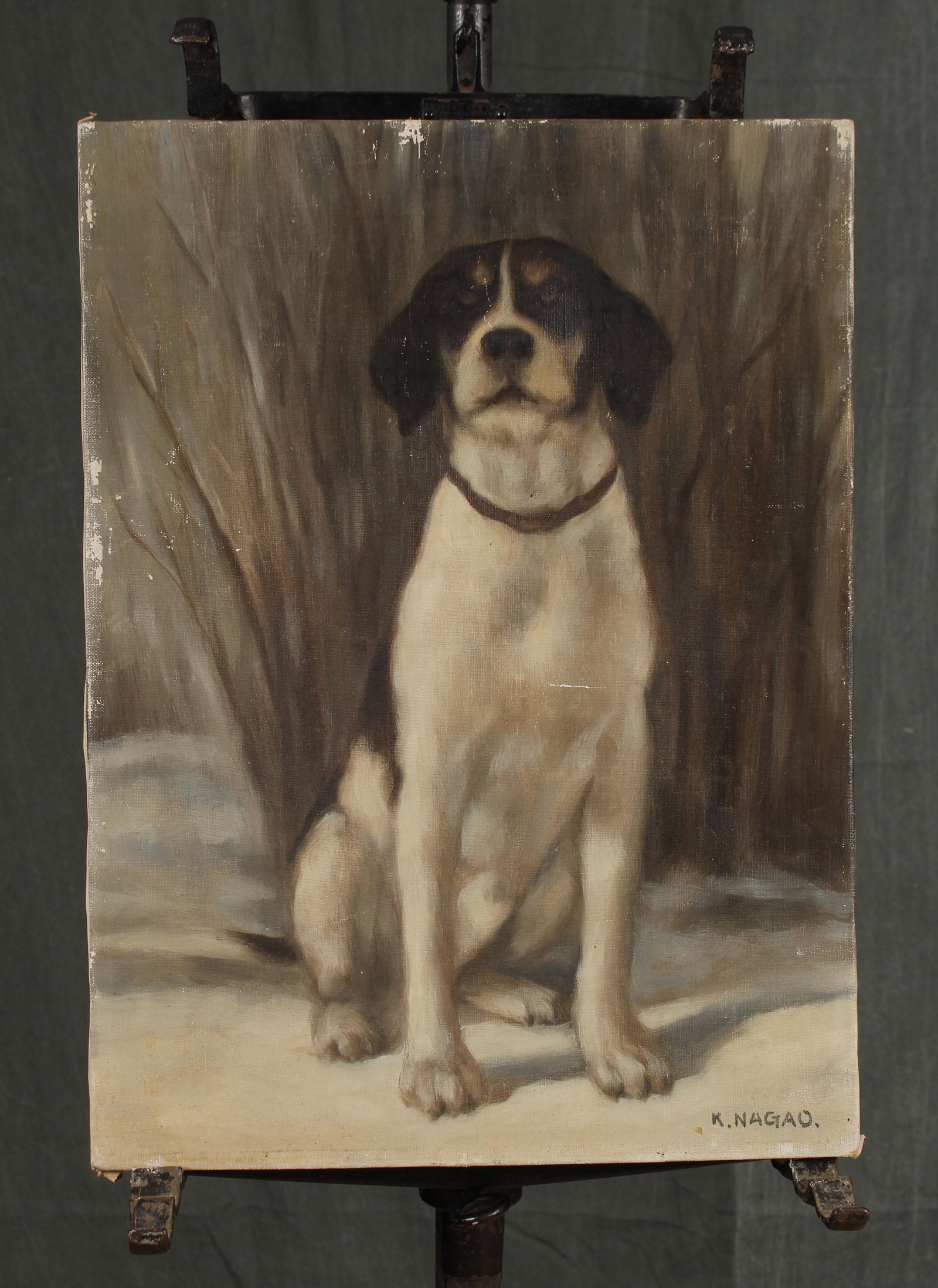 Dog Portrait Painting Signed K. Nagao.: Dog Portrait Painting Signed K. Nagao. OOC Size: 18" x 13.25" Stretcher.