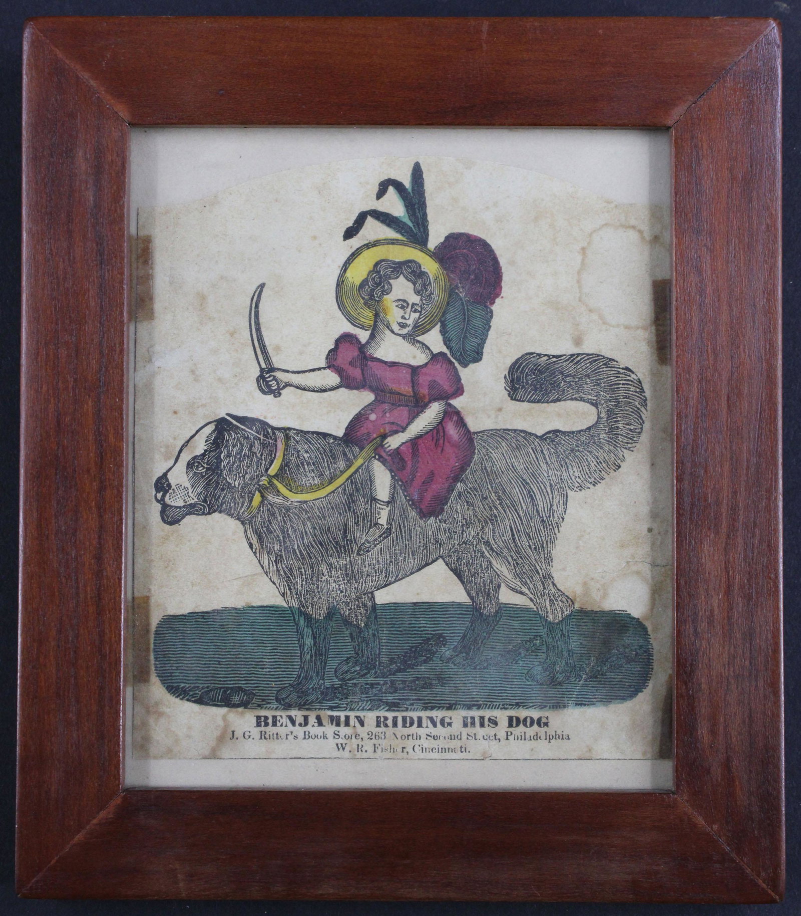Early 19th C Philadelphia Bookstore Advertising: Benjamin Riding his Dog- Ritter's Bookstore Advertising, Philadelphia. Size: Frame 7.5"H x 6.5"W x .5"D sight 5.75"H x 4.75"W