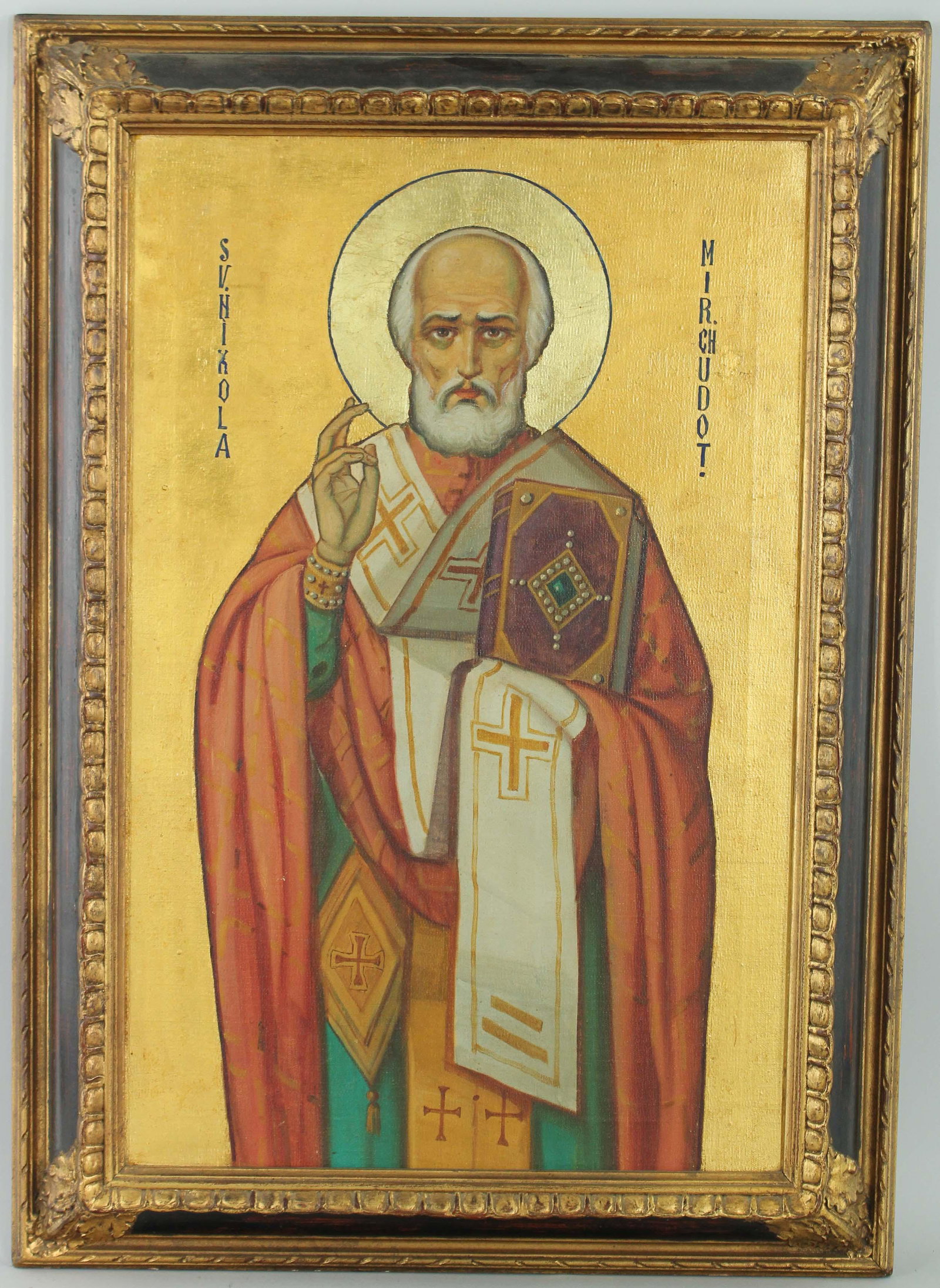 Iconographic Painting of Saint Nicholas: Iconographic Eastern Orthodox Style Painting of Saint Nicholas. Size: 31.5" x 22.25" frame, 25.5" x 16.25" sight.