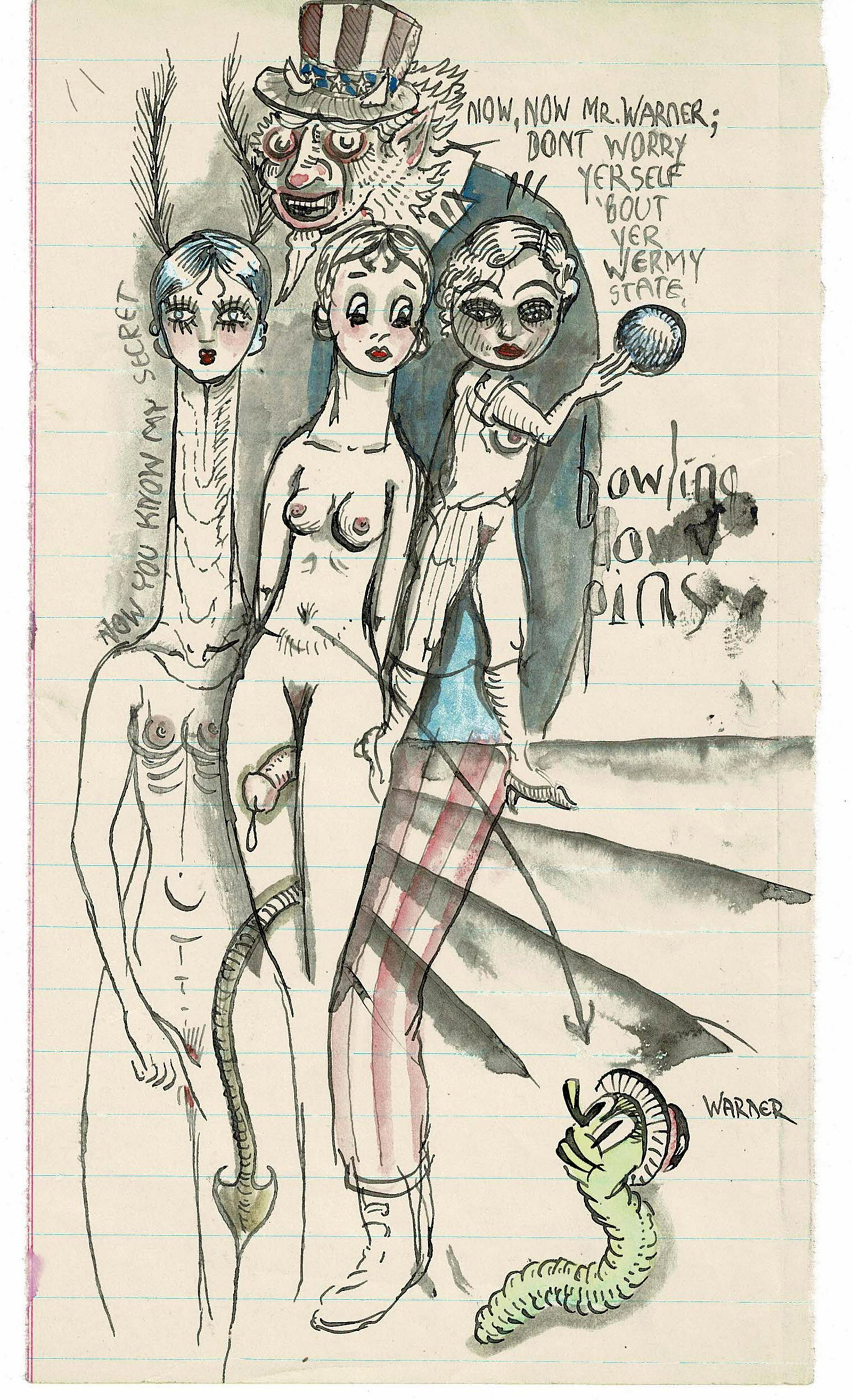 Stewart Warner, Bowling Down Pins, 1930's Drawing (1 of 1)