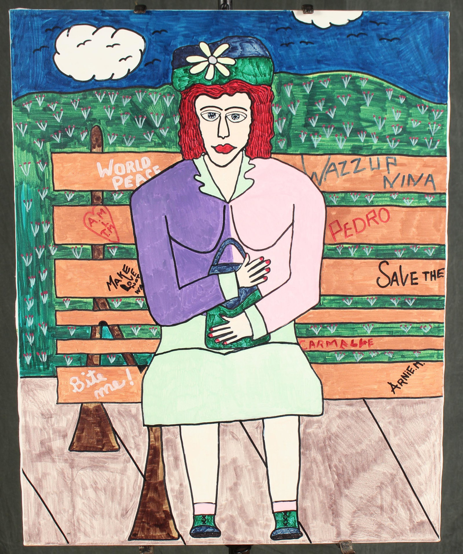 Arnie Mittin, Park Bench, Part 1 of 7: Arnie Mittin, Park Bench, Part 1 of 7. En suite with the next 6 lots with artist at the easel in the center panel. Size: 30" x 24" stretcher