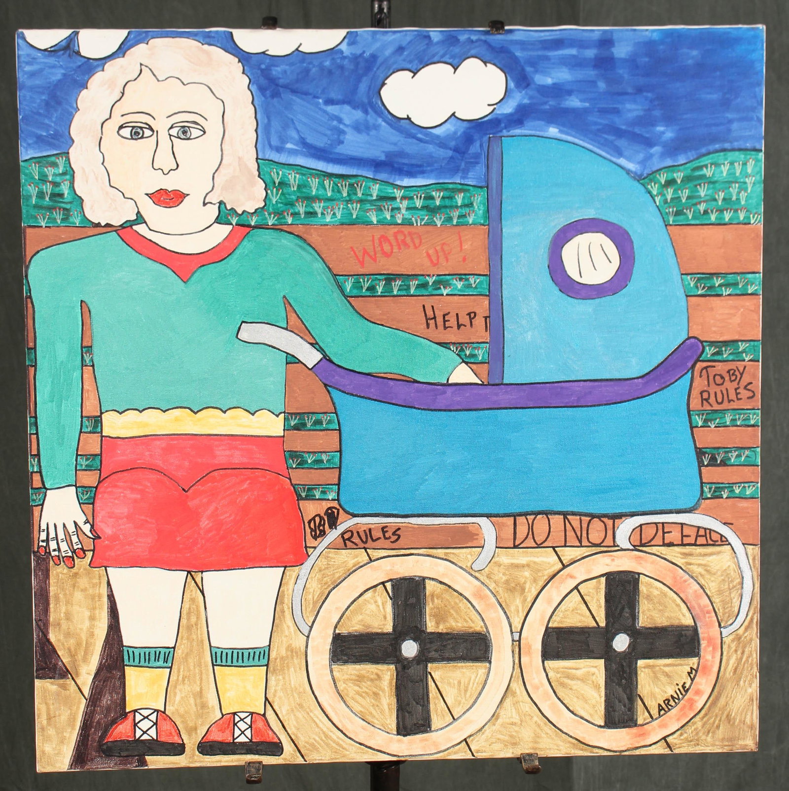 Arnie Mittin, Park Bench, Part 5 of 7: Arnie Mittin, Park Bench, Part 5 of 7. En suite with the next 6 lots with artist at the easel in the center panel. Size: 30" x 30" stretcher